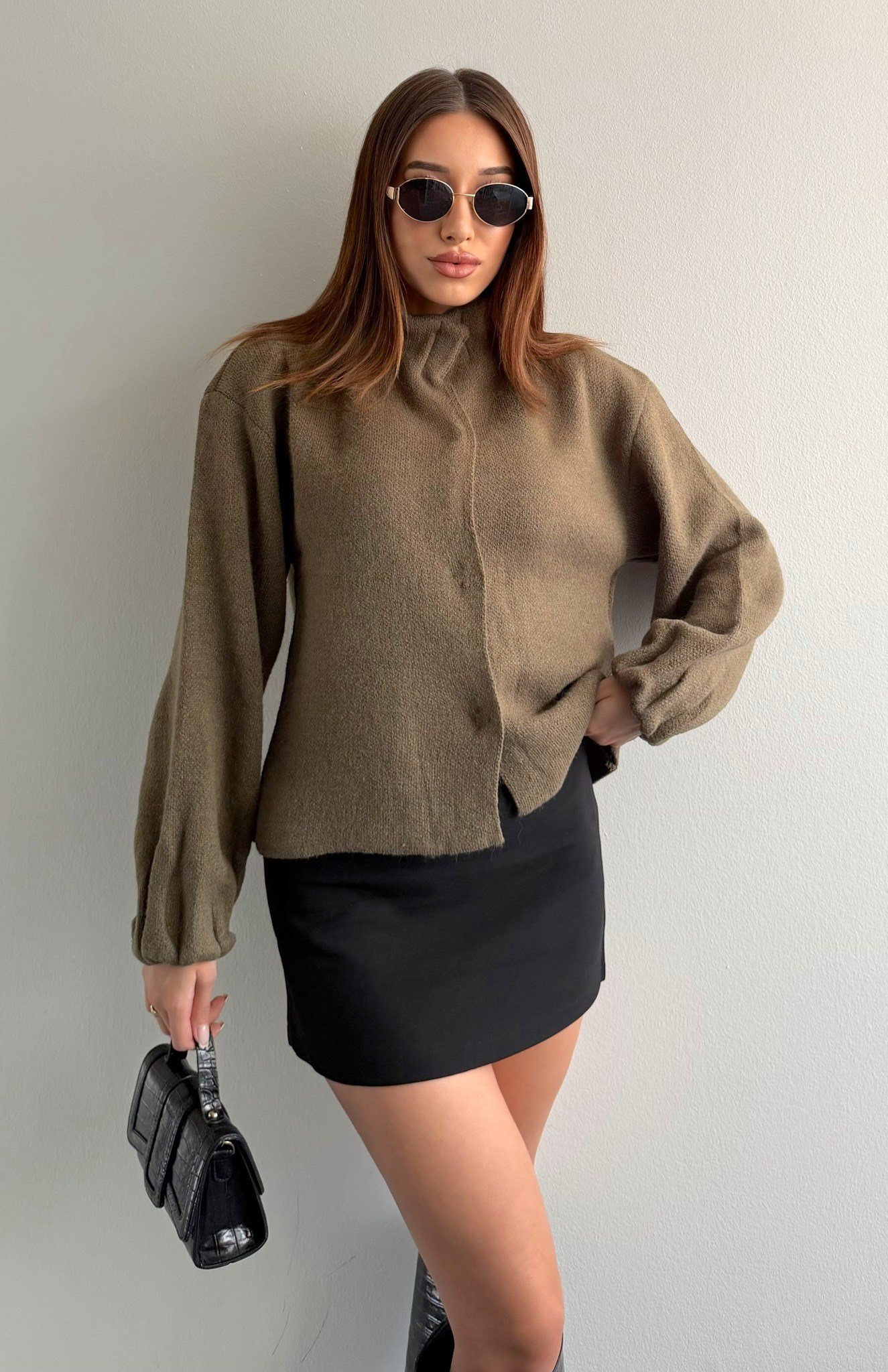 Örgü Çıtçıtlı Bomber Hırka HAKİ