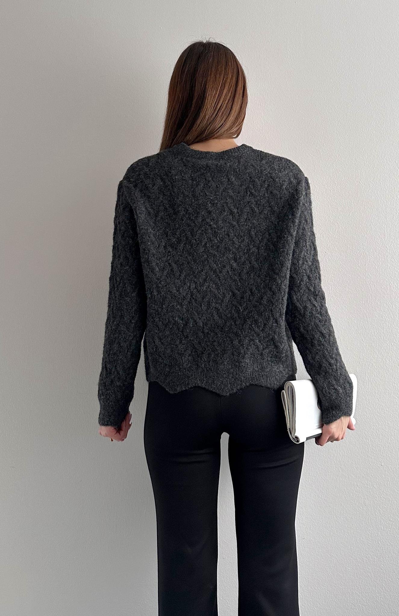 Örgülü Gold Düğmeli Lara Hırka ANTRASİT