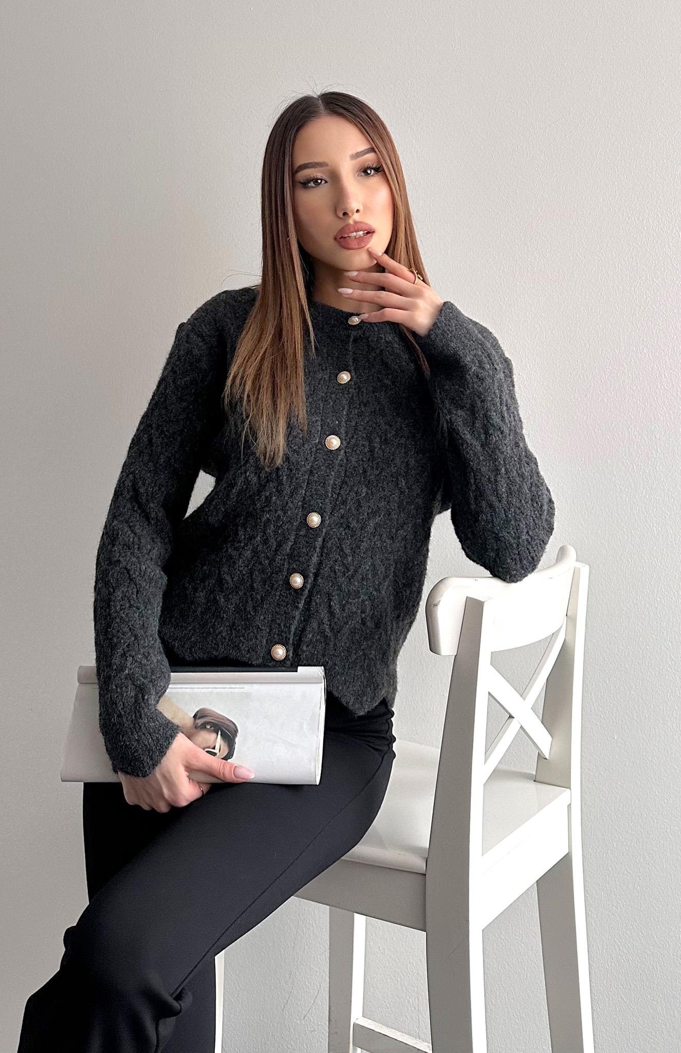 Örgülü Gold Düğmeli Lara Hırka ANTRASİT