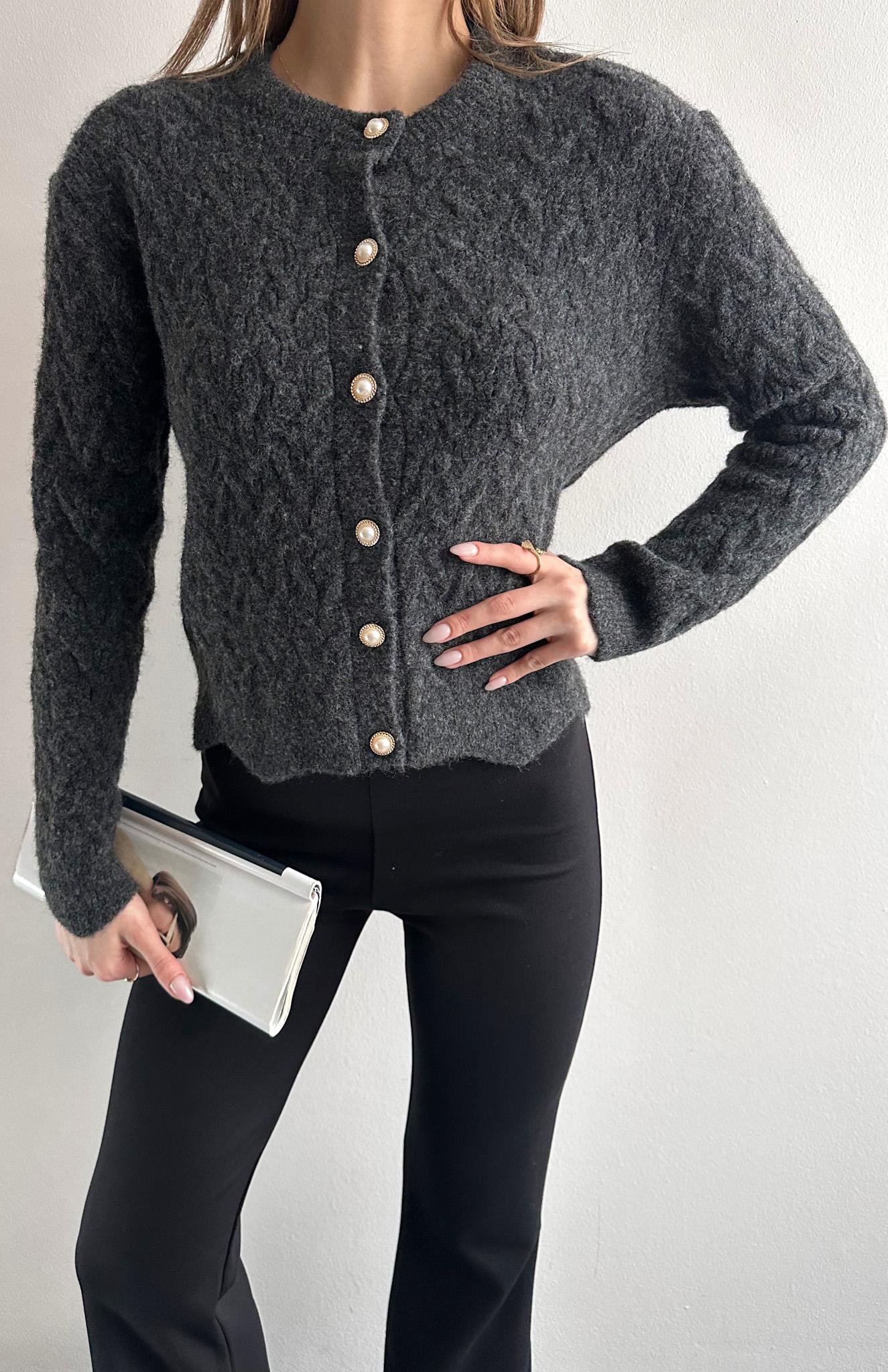 Örgülü Gold Düğmeli Lara Hırka ANTRASİT