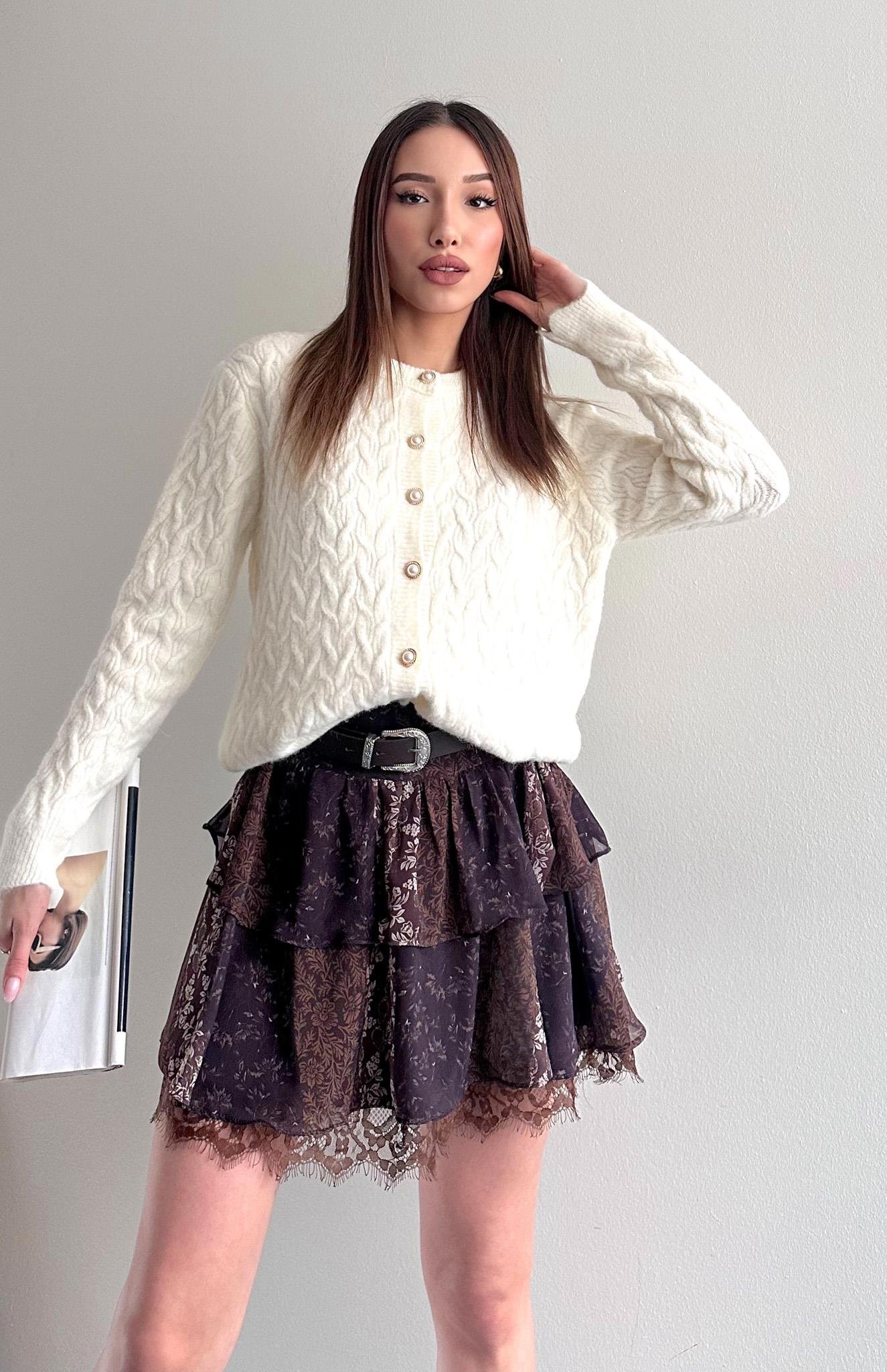 Örgülü Gold Düğmeli Lara Hırka EKRU