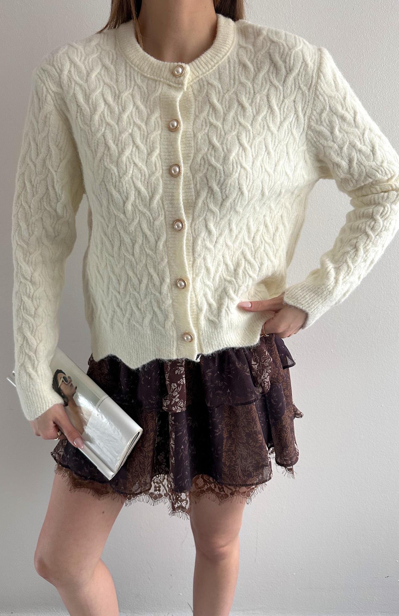 Örgülü Gold Düğmeli Lara Hırka EKRU