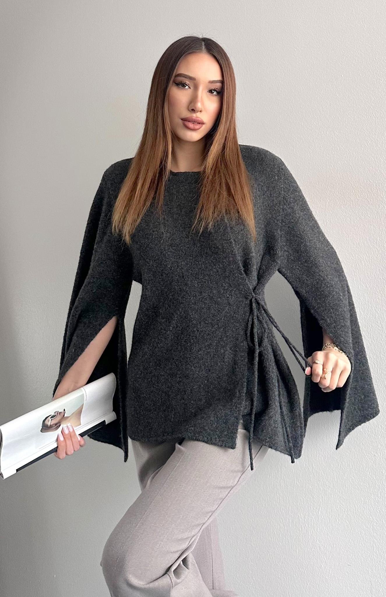 Pelerin Kesim Yün Karışım Triko ANTRASİT