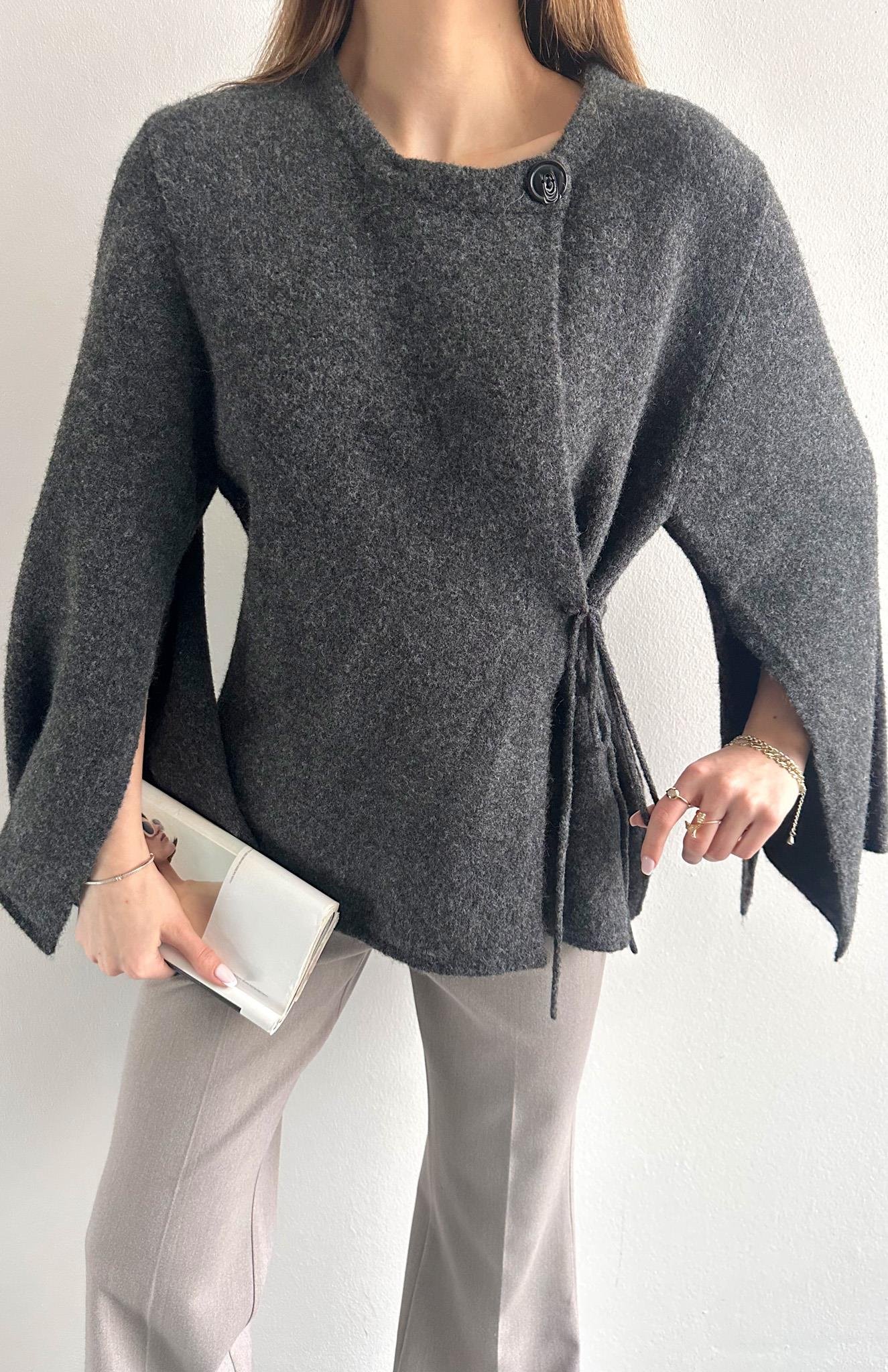 Pelerin Kesim Yün Karışım Triko ANTRASİT