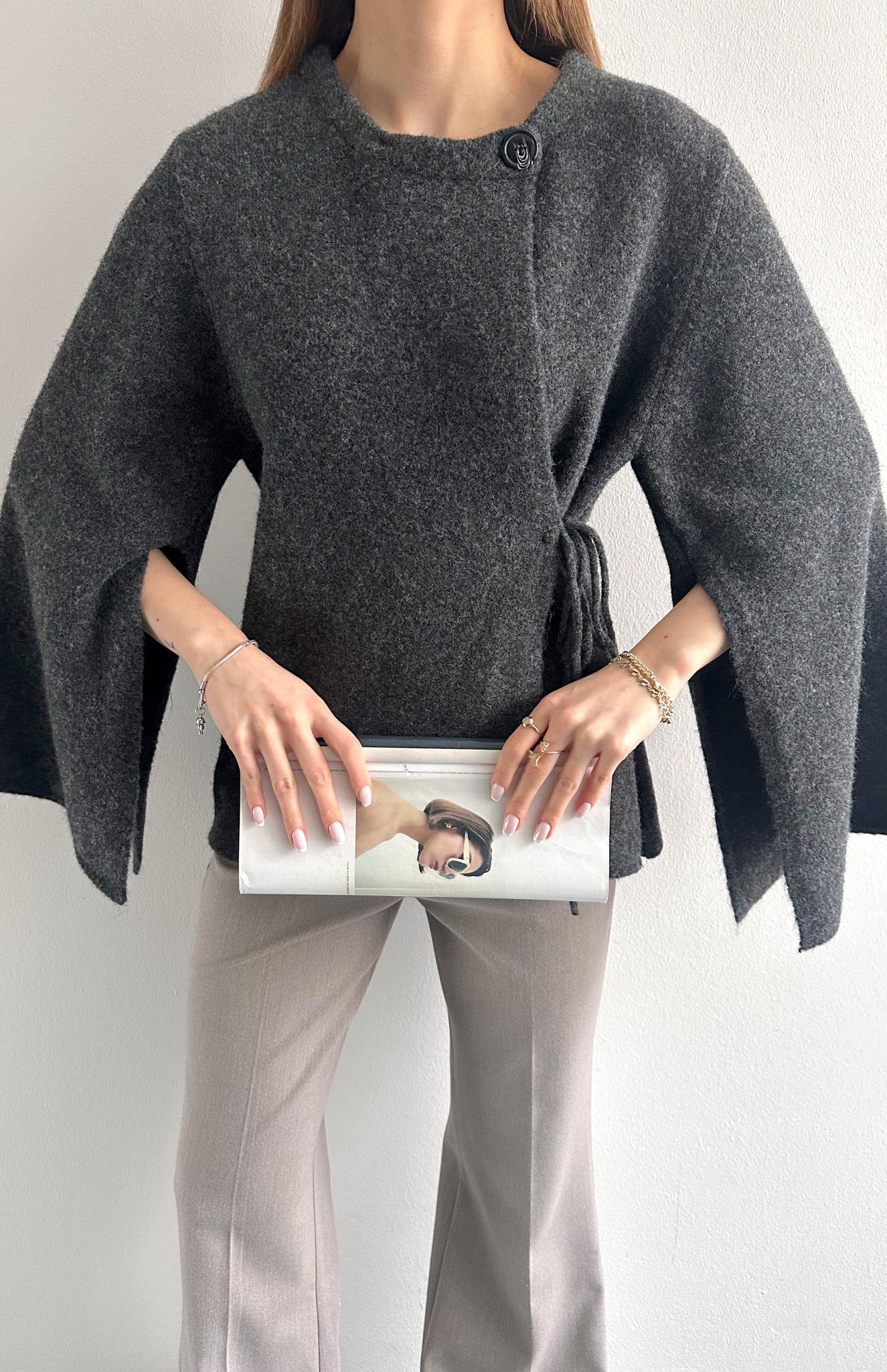 Pelerin Kesim Yün Karışım Triko ANTRASİT