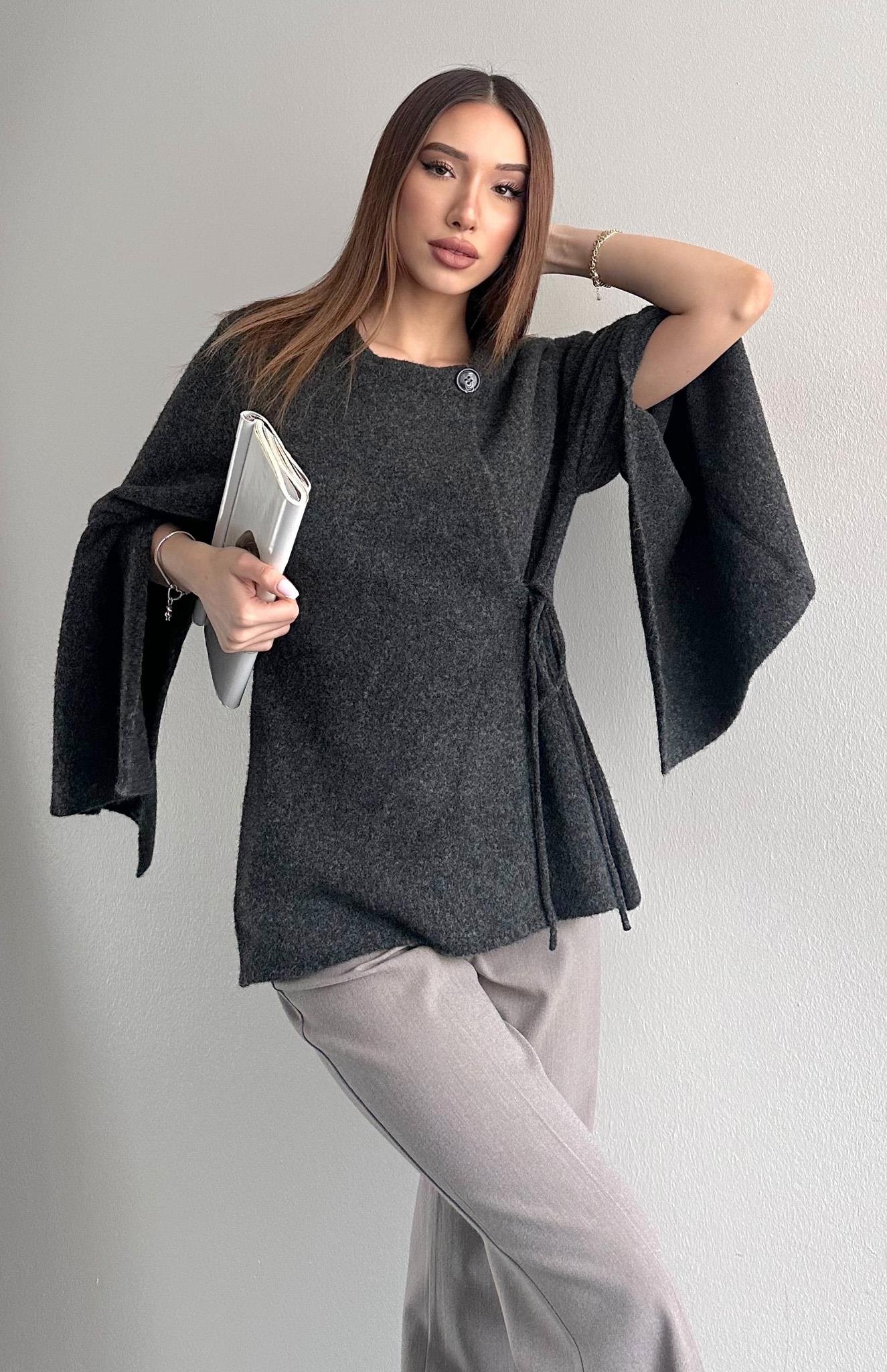 Pelerin Kesim Yün Karışım Triko ANTRASİT