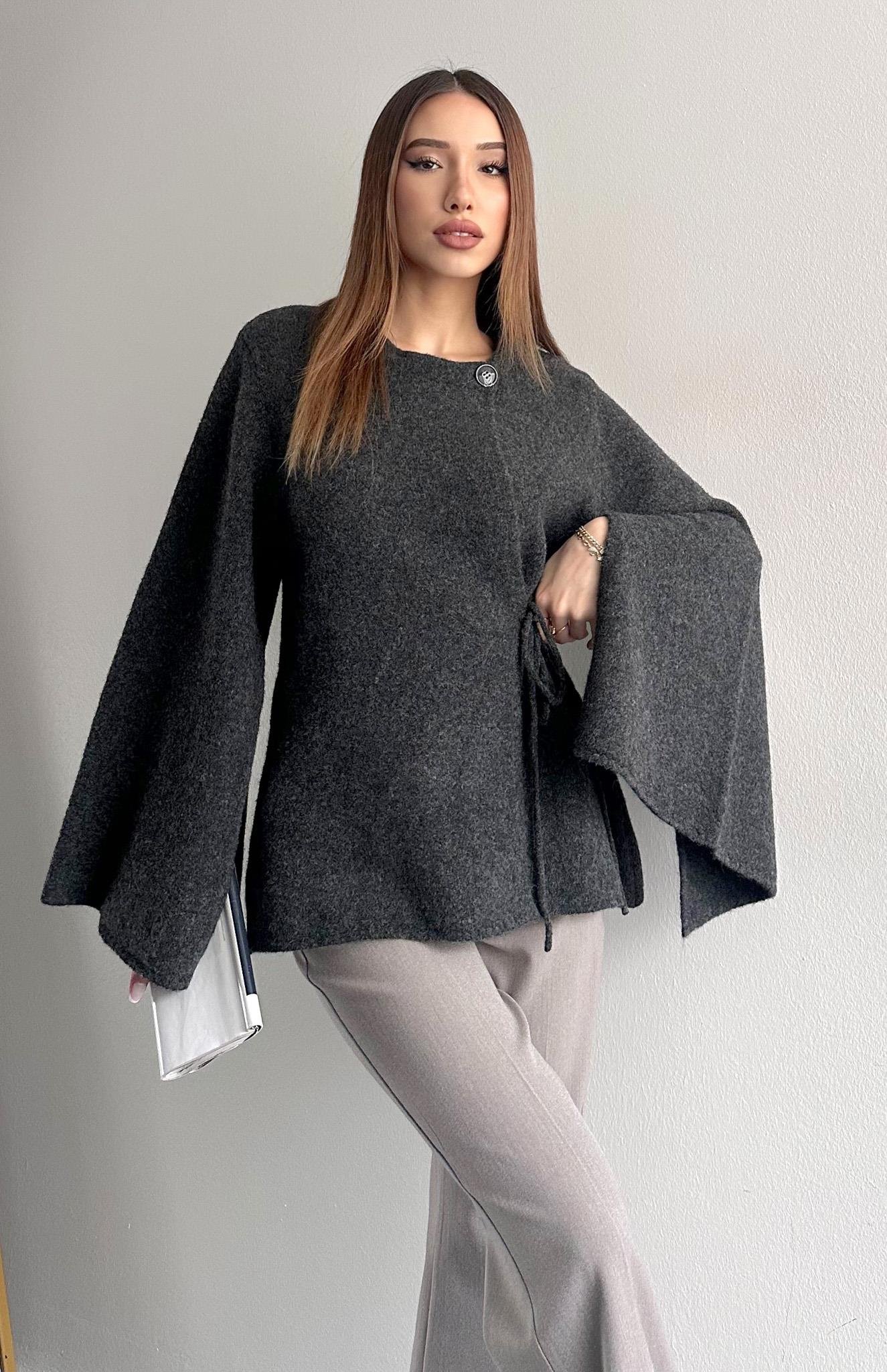 Pelerin Kesim Yün Karışım Triko ANTRASİT