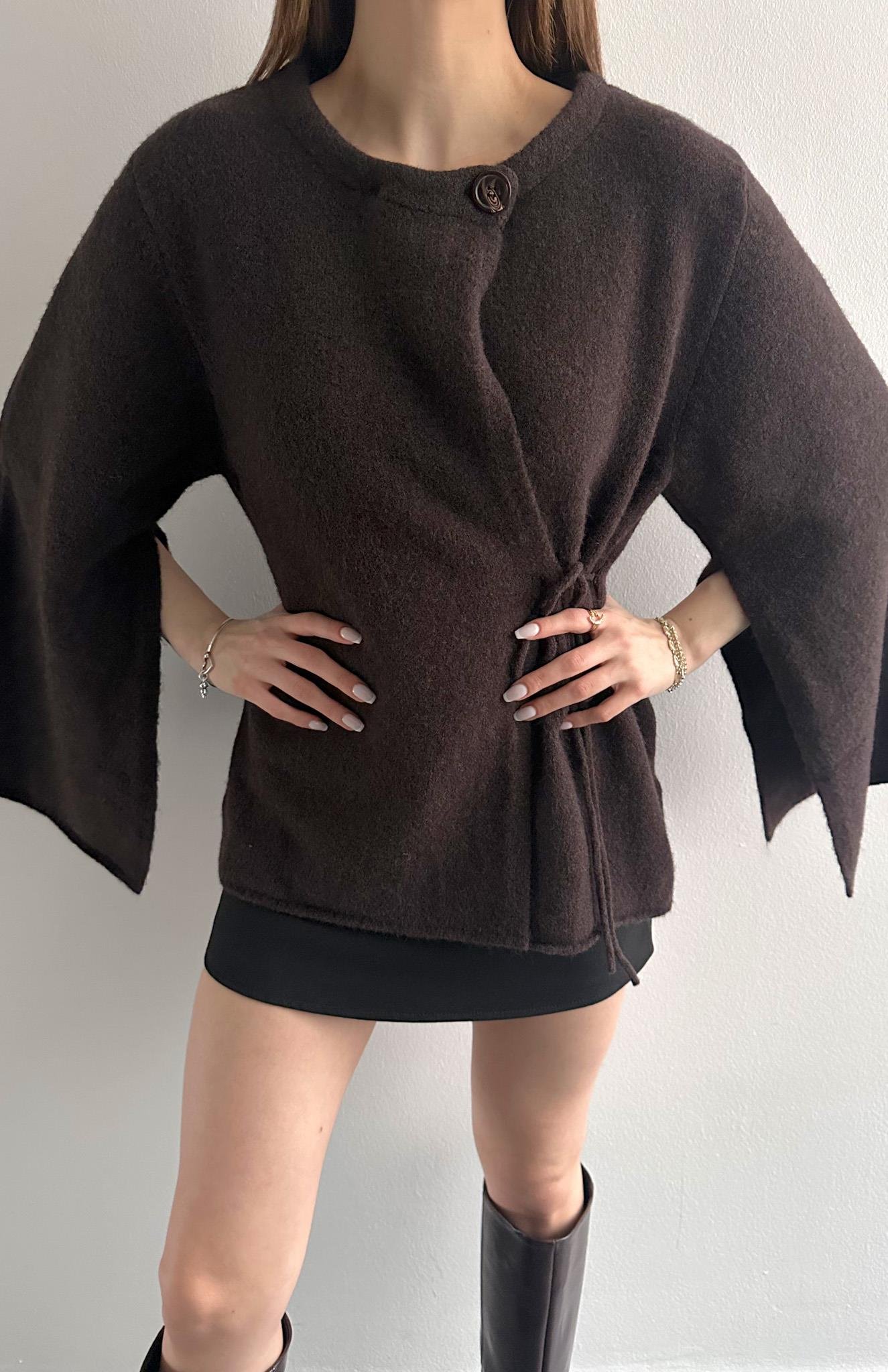 Pelerin Kesim Yün Karışım Triko KAHVERENGİ