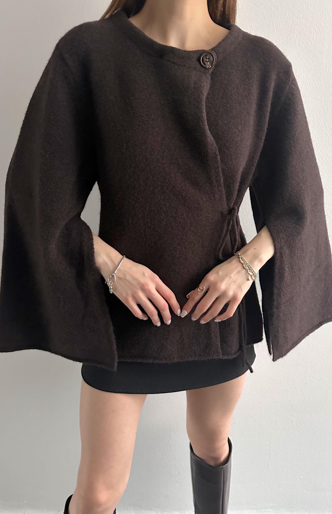 Pelerin Kesim Yün Karışım Triko KAHVERENGİ