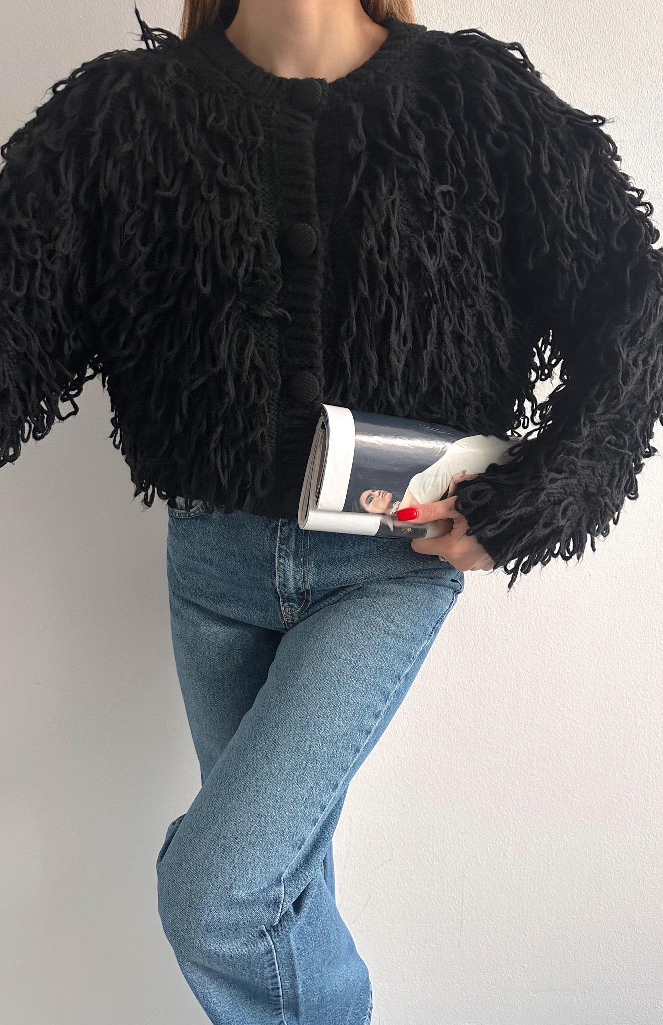 Şaçaklı Triko Top Hırka SİYAH