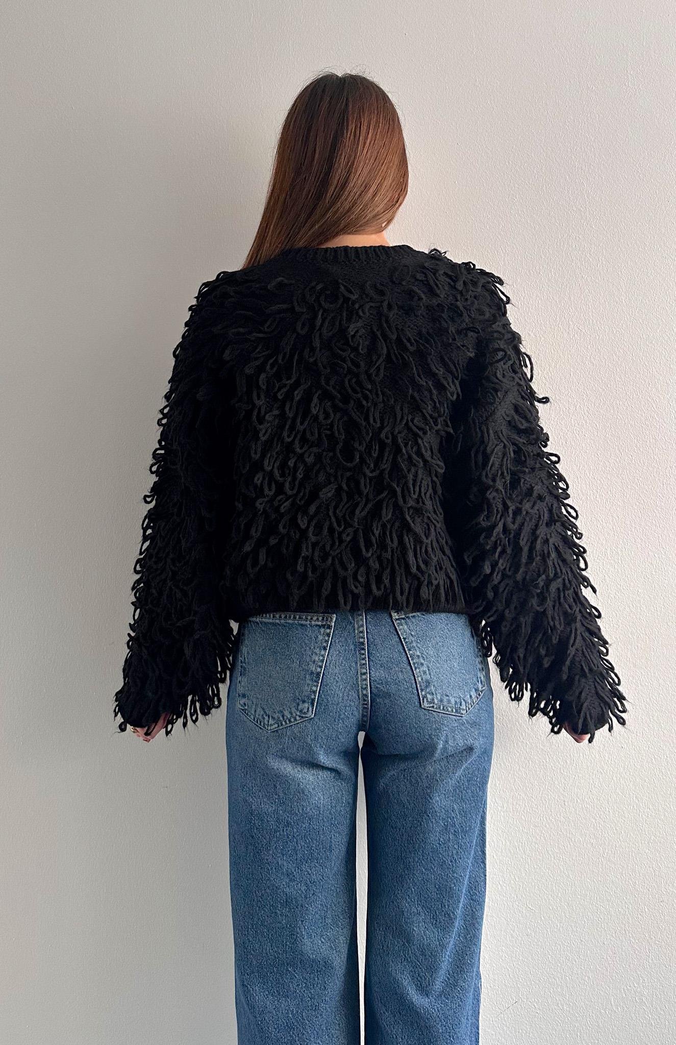 Şaçaklı Triko Top Hırka SİYAH