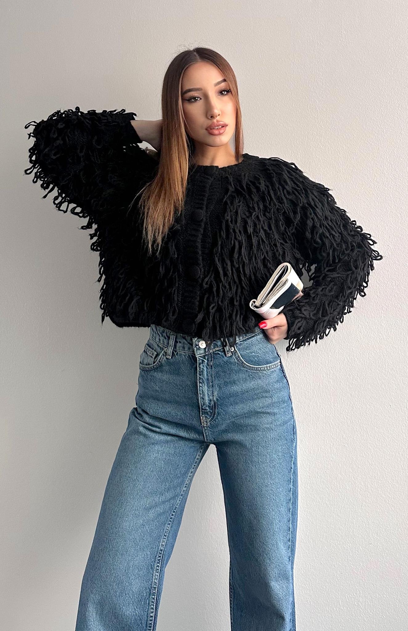 Şaçaklı Triko Top Hırka SİYAH