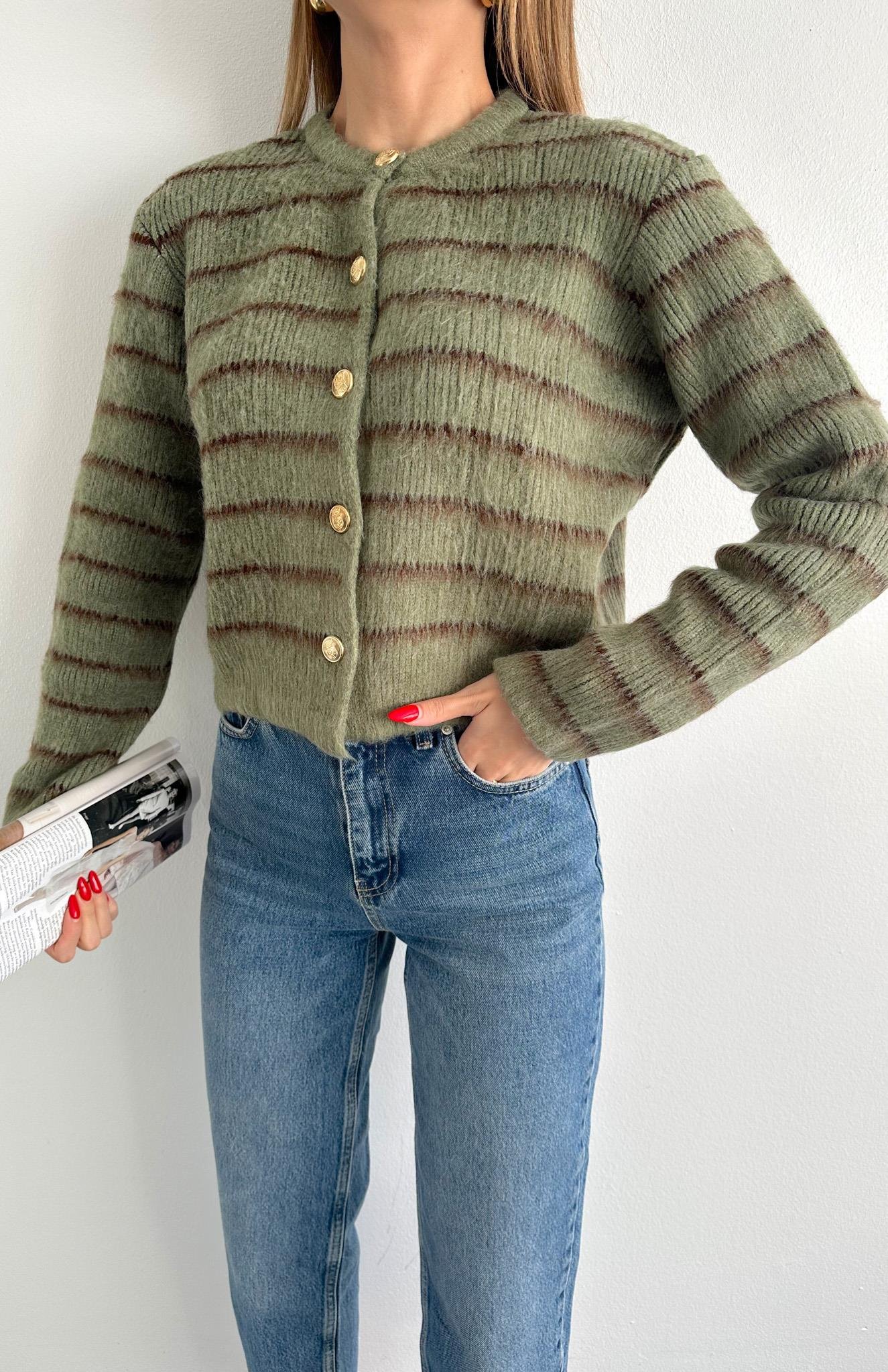 Şardonlu İnce Çizgili Hırka A.YEŞİL