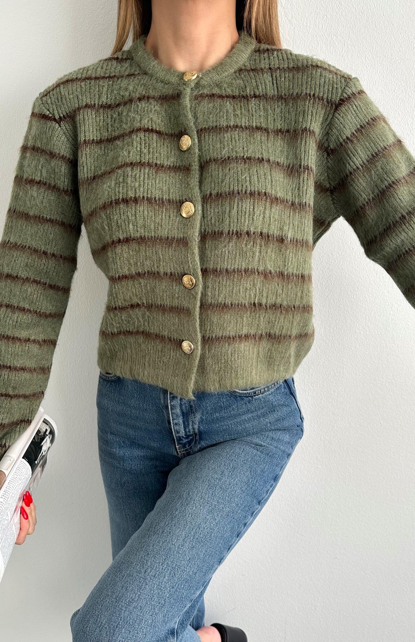 Şardonlu İnce Çizgili Hırka A.YEŞİL