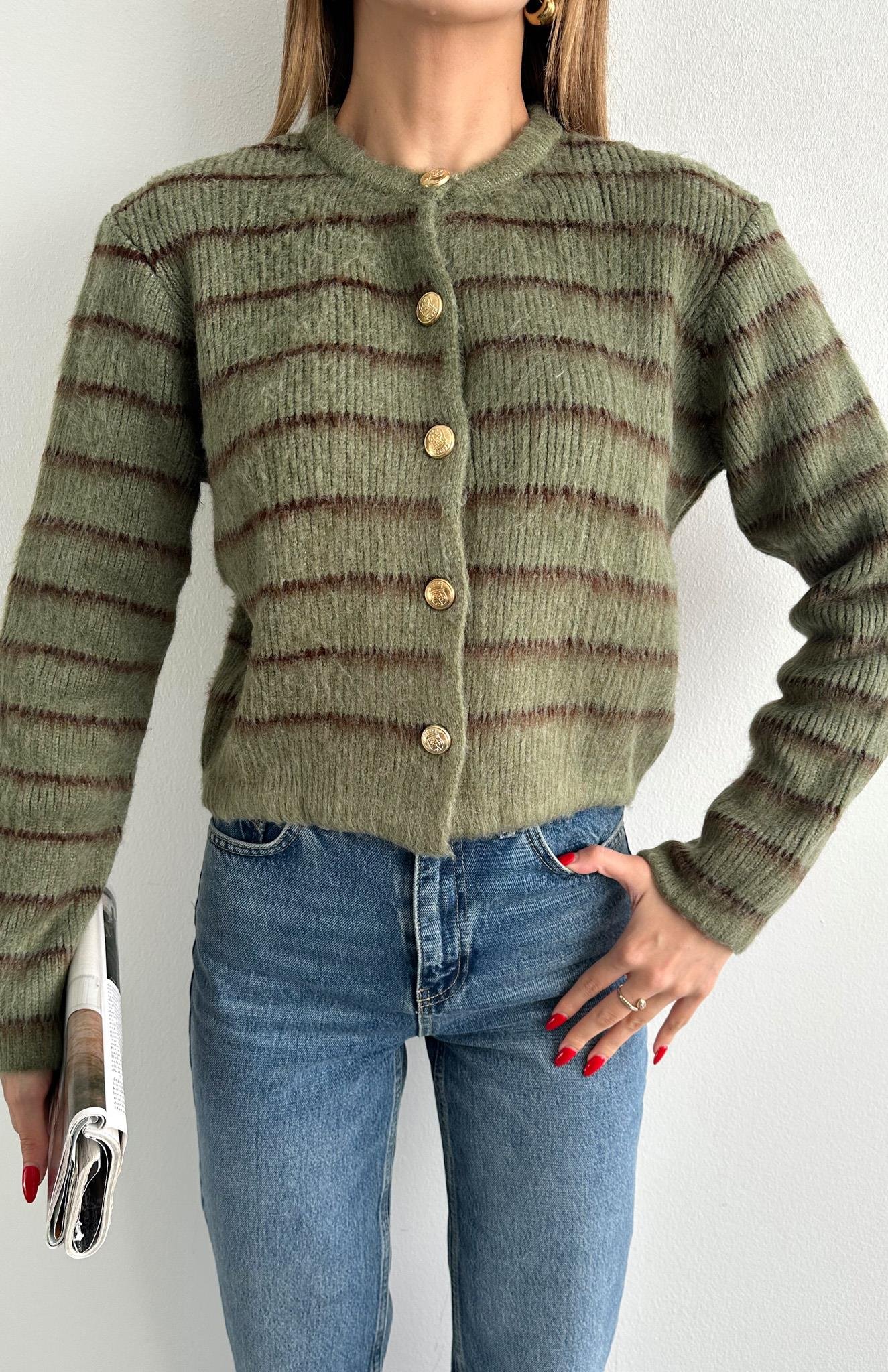 Şardonlu İnce Çizgili Hırka A.YEŞİL