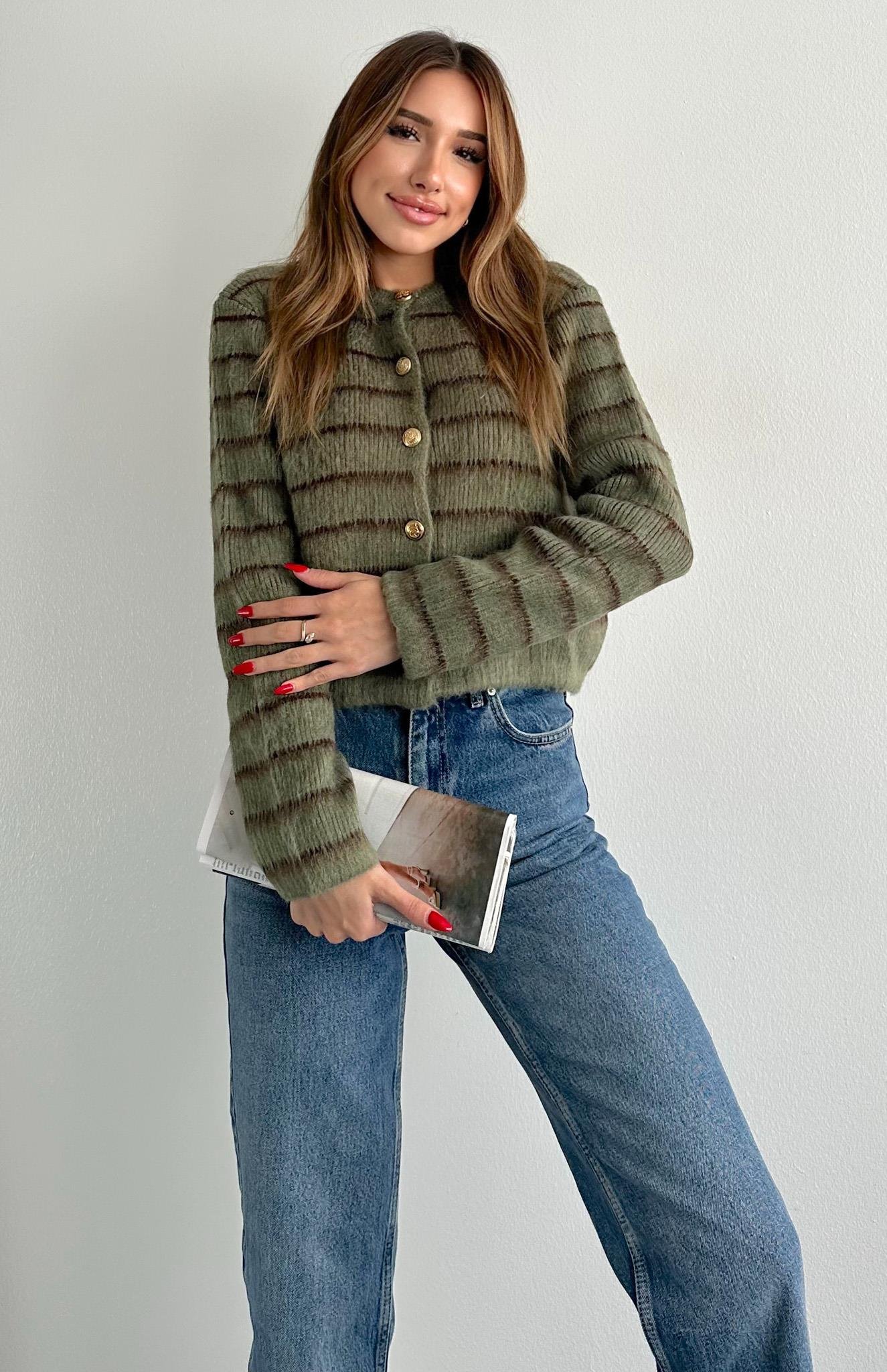 Şardonlu İnce Çizgili Hırka A.YEŞİL