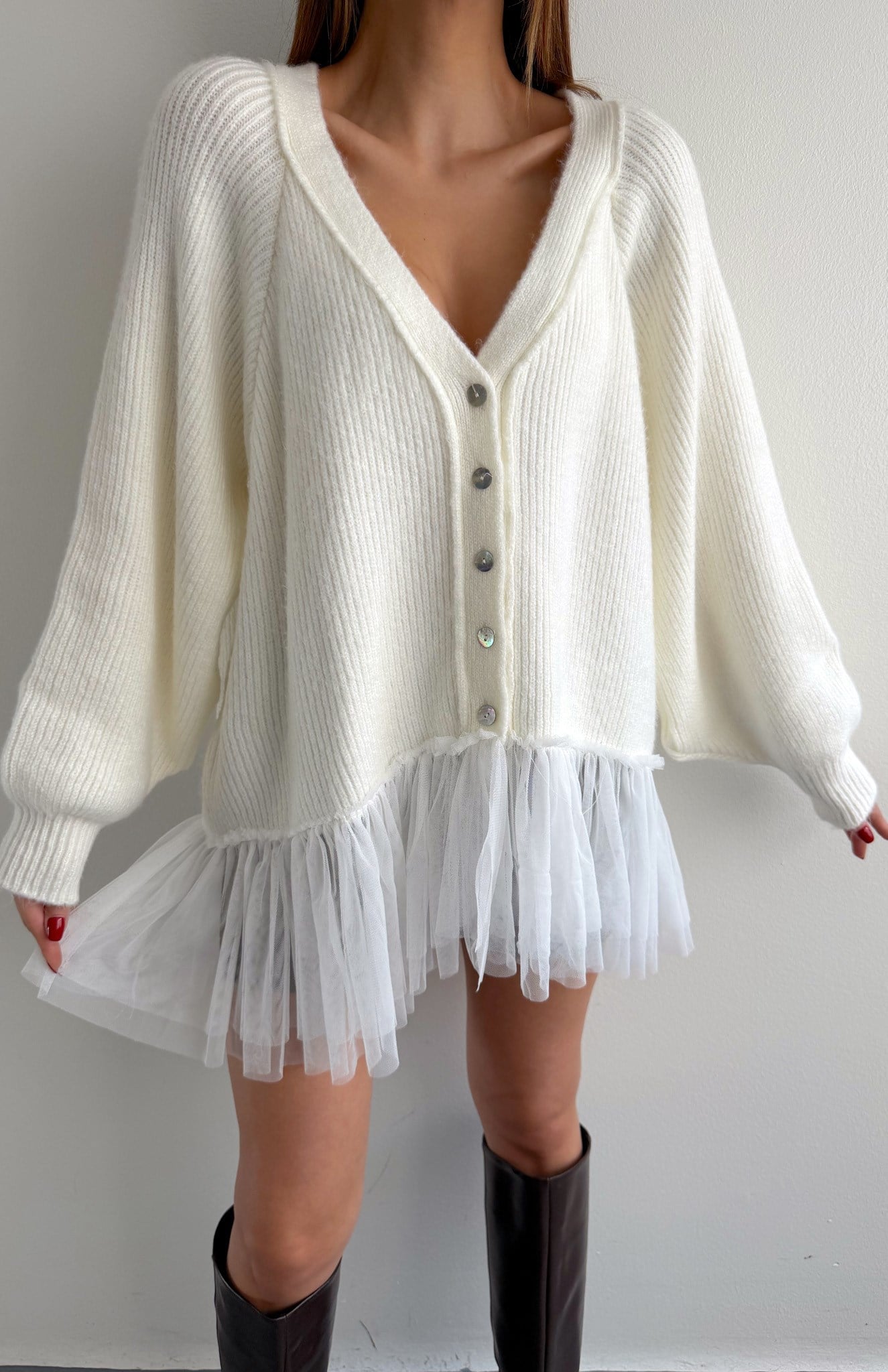 Tül Garnili Oversize Hırka KEMİK