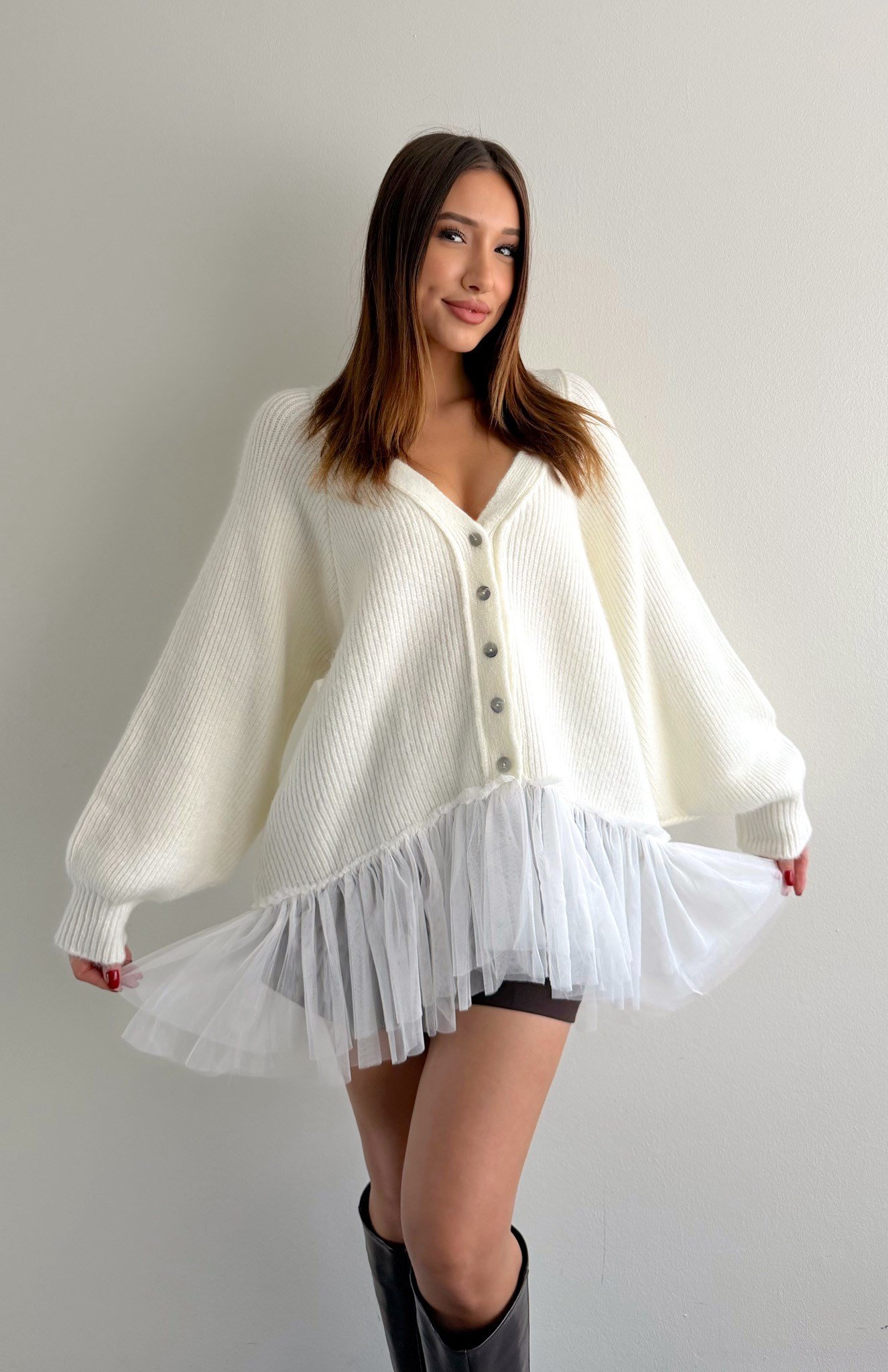 Tül Garnili Oversize Hırka KEMİK