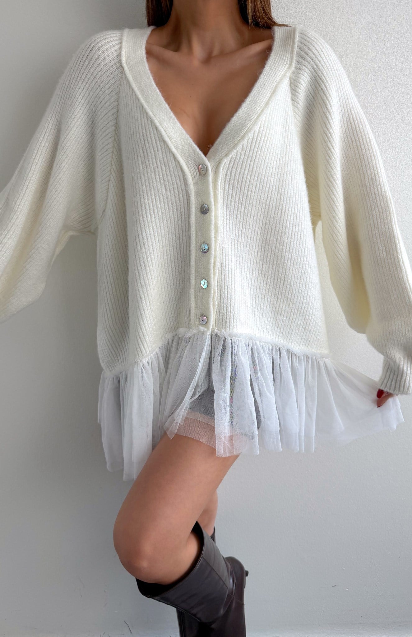 Tül Garnili Oversize Hırka KEMİK