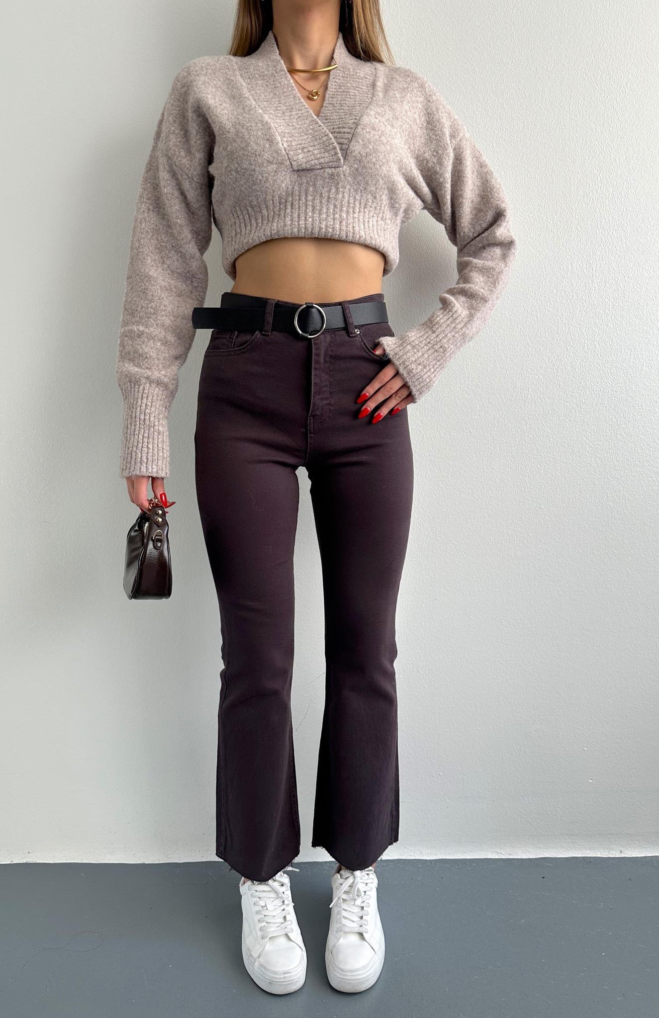 Bol Paça Kemerli Pantolon KOYU KAHVE