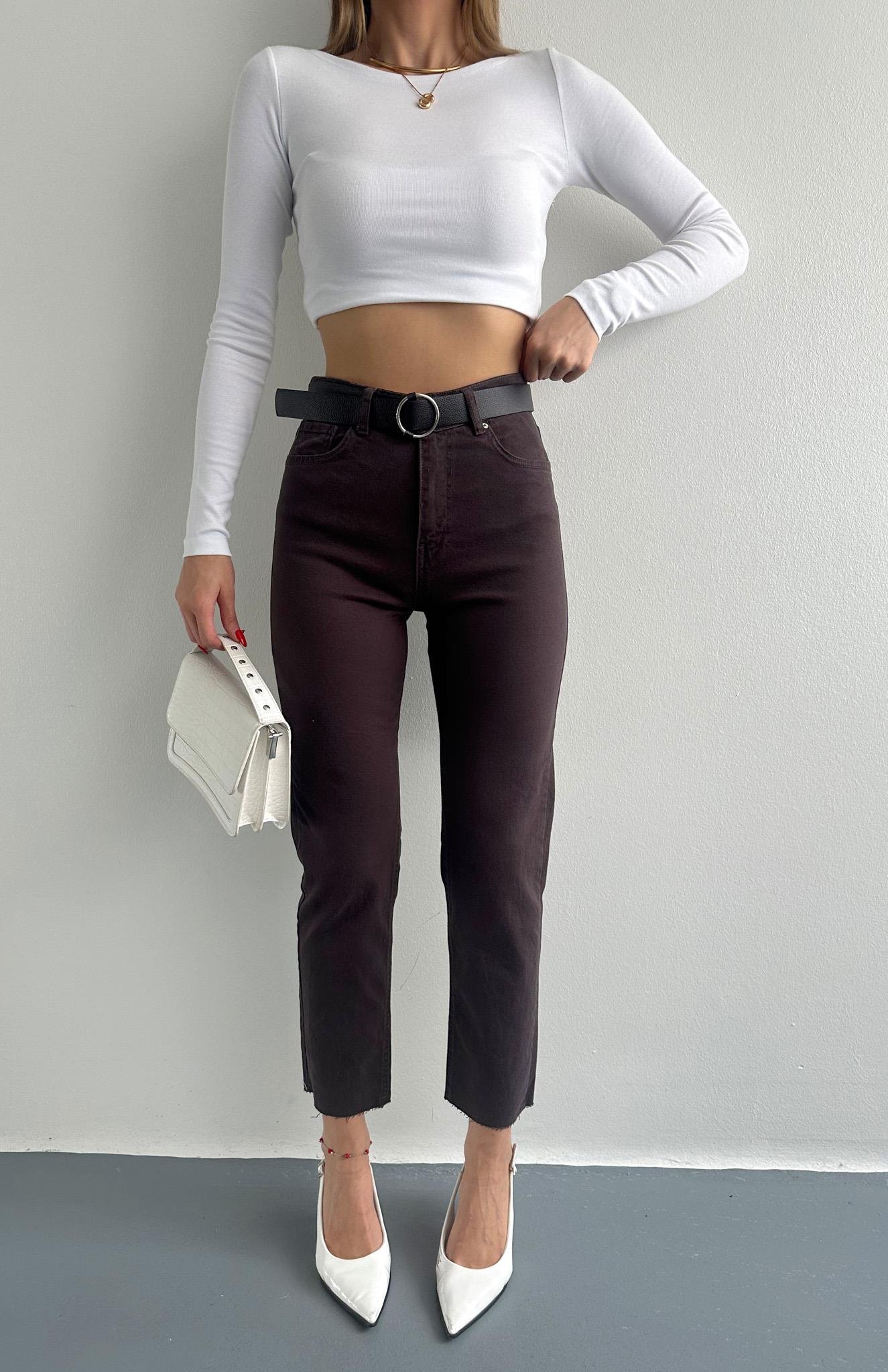 Dar Paça Kemerl Pantolon KOYU KAHVE