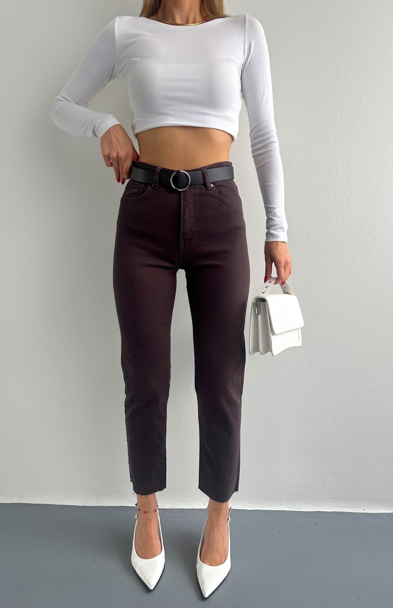 Dar Paça Kemerl Pantolon KOYU KAHVE