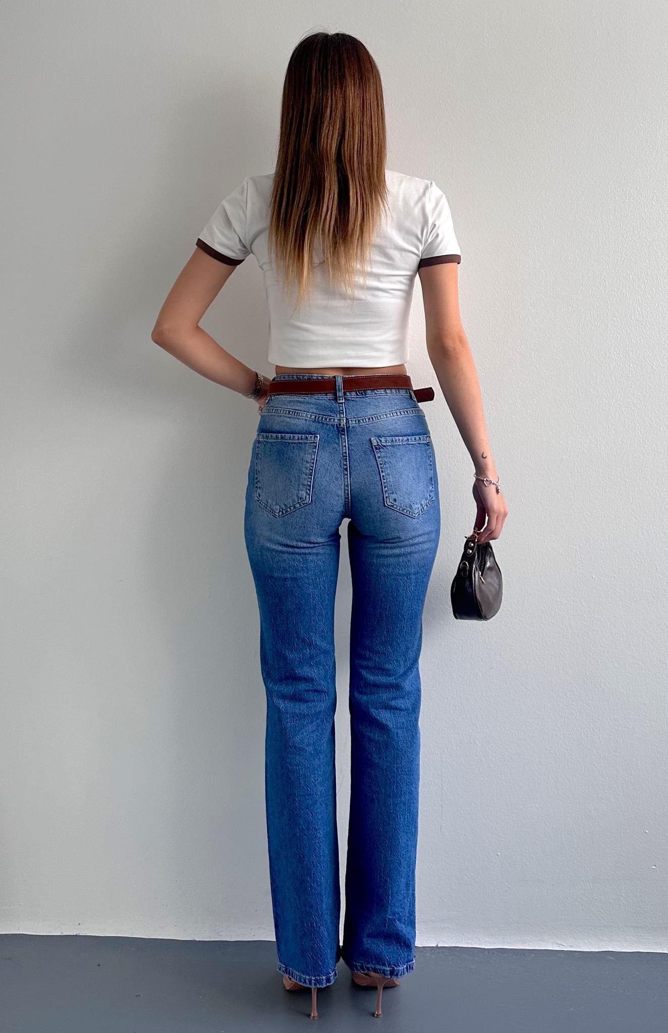 Deri Kemerli Bootcut Pantolon MAVİ