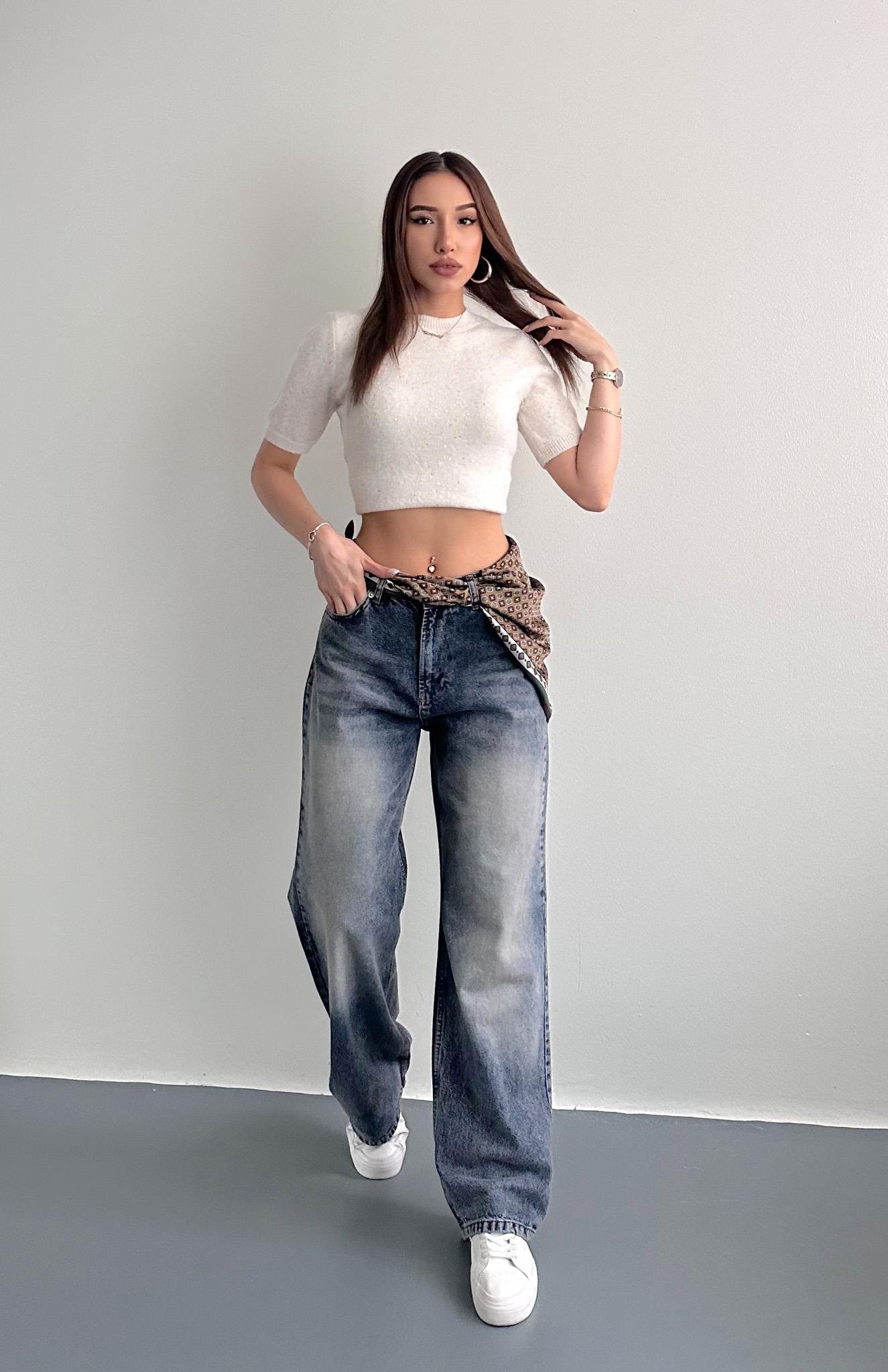 Fularlı Kot Pantolon LACİVERT