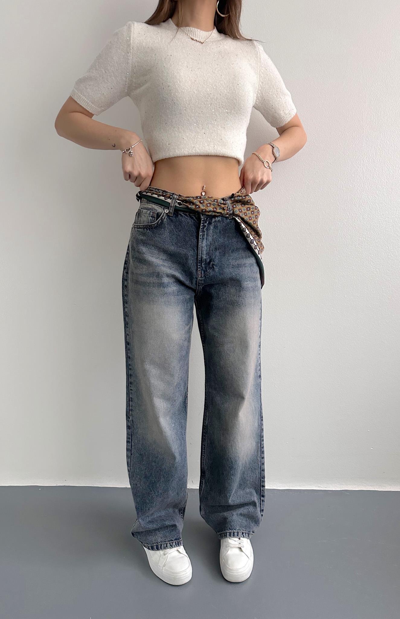 Fularlı Kot Pantolon LACİVERT