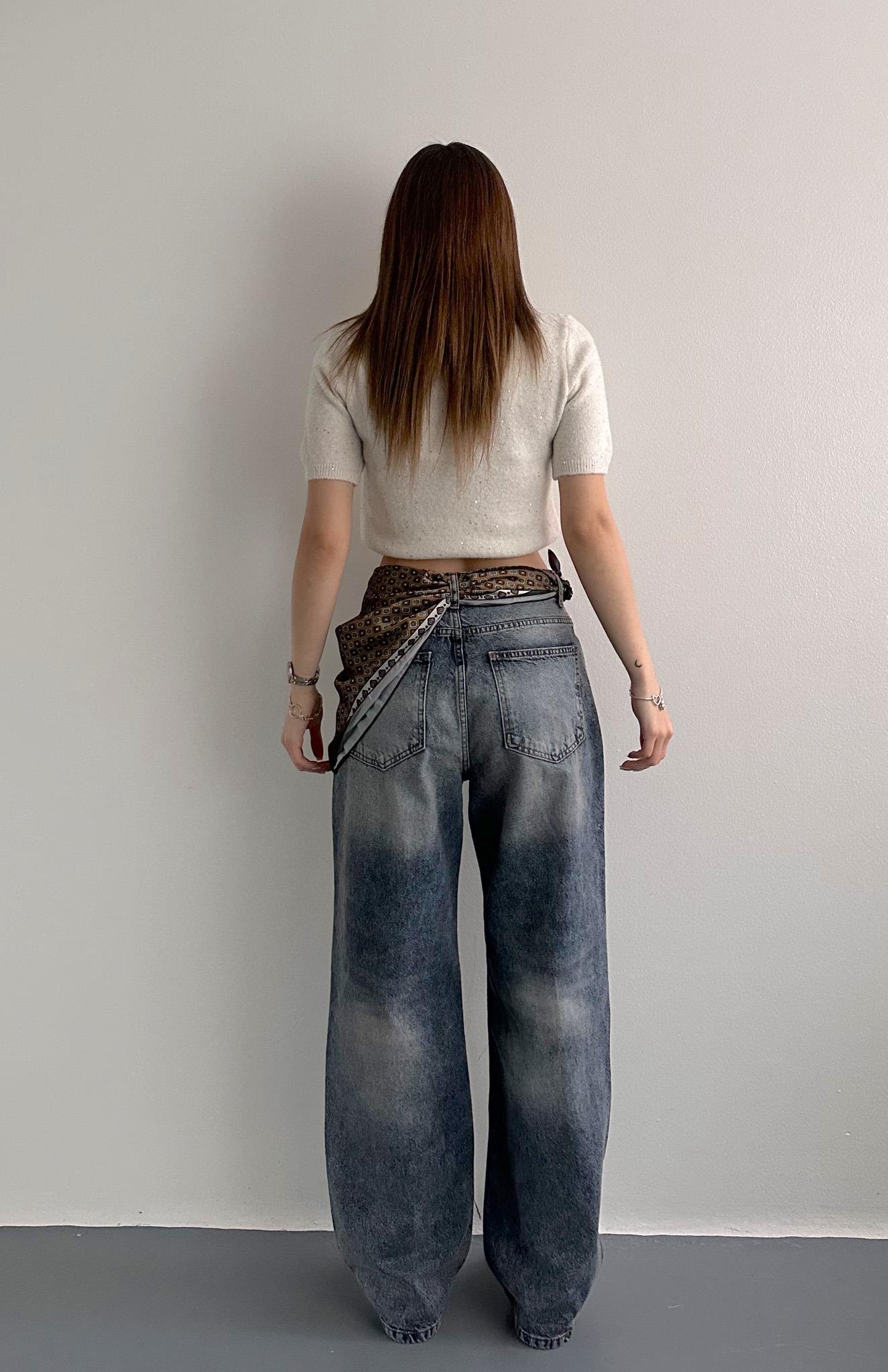 Fularlı Kot Pantolon LACİVERT