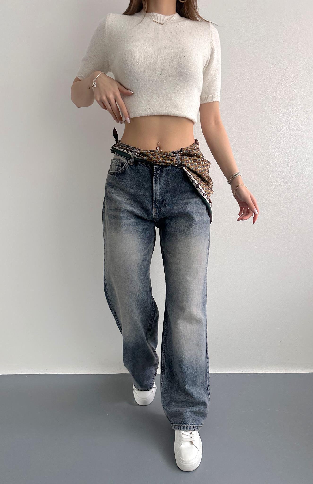 Fularlı Kot Pantolon LACİVERT