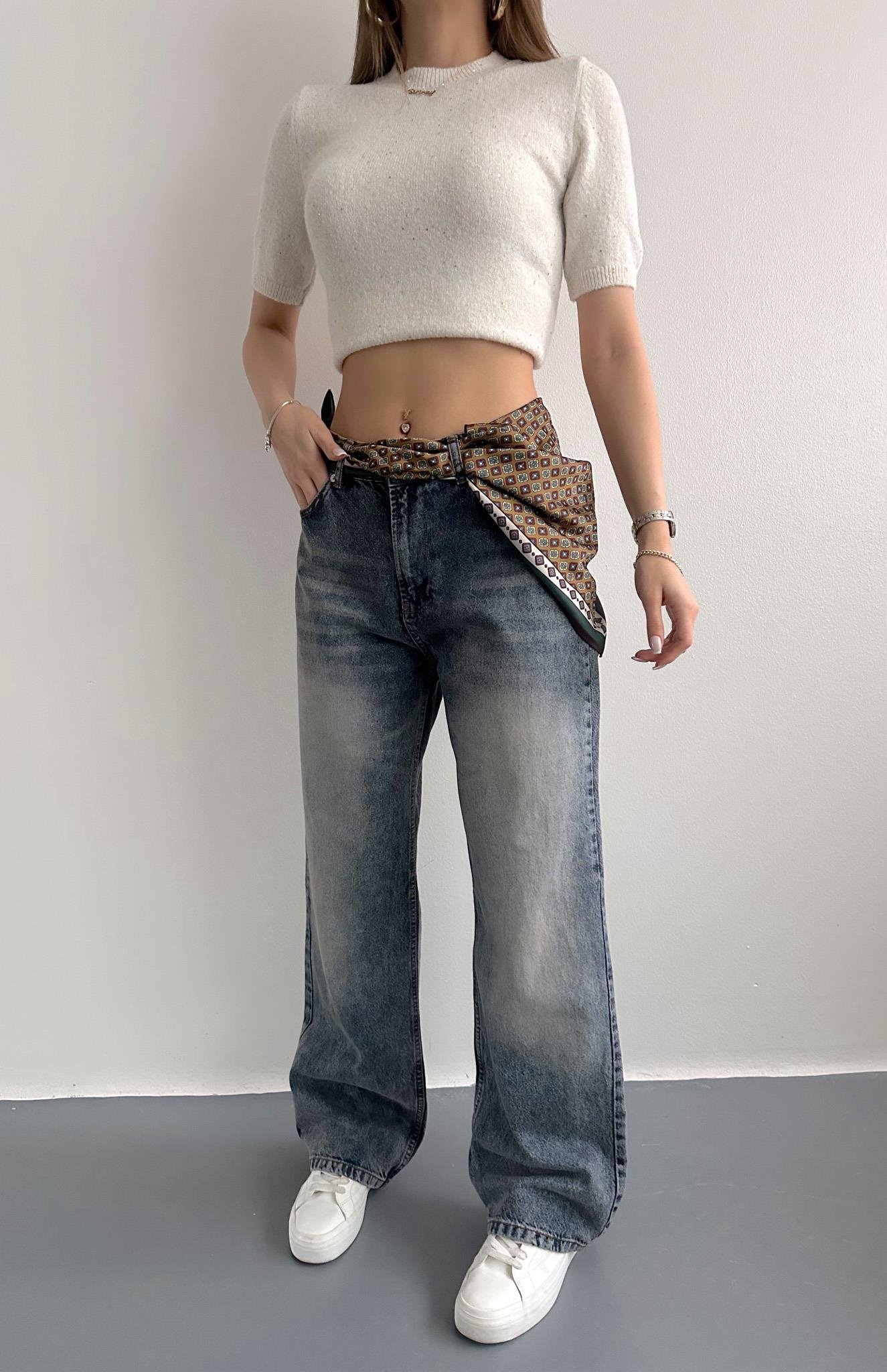 Fularlı Kot Pantolon LACİVERT