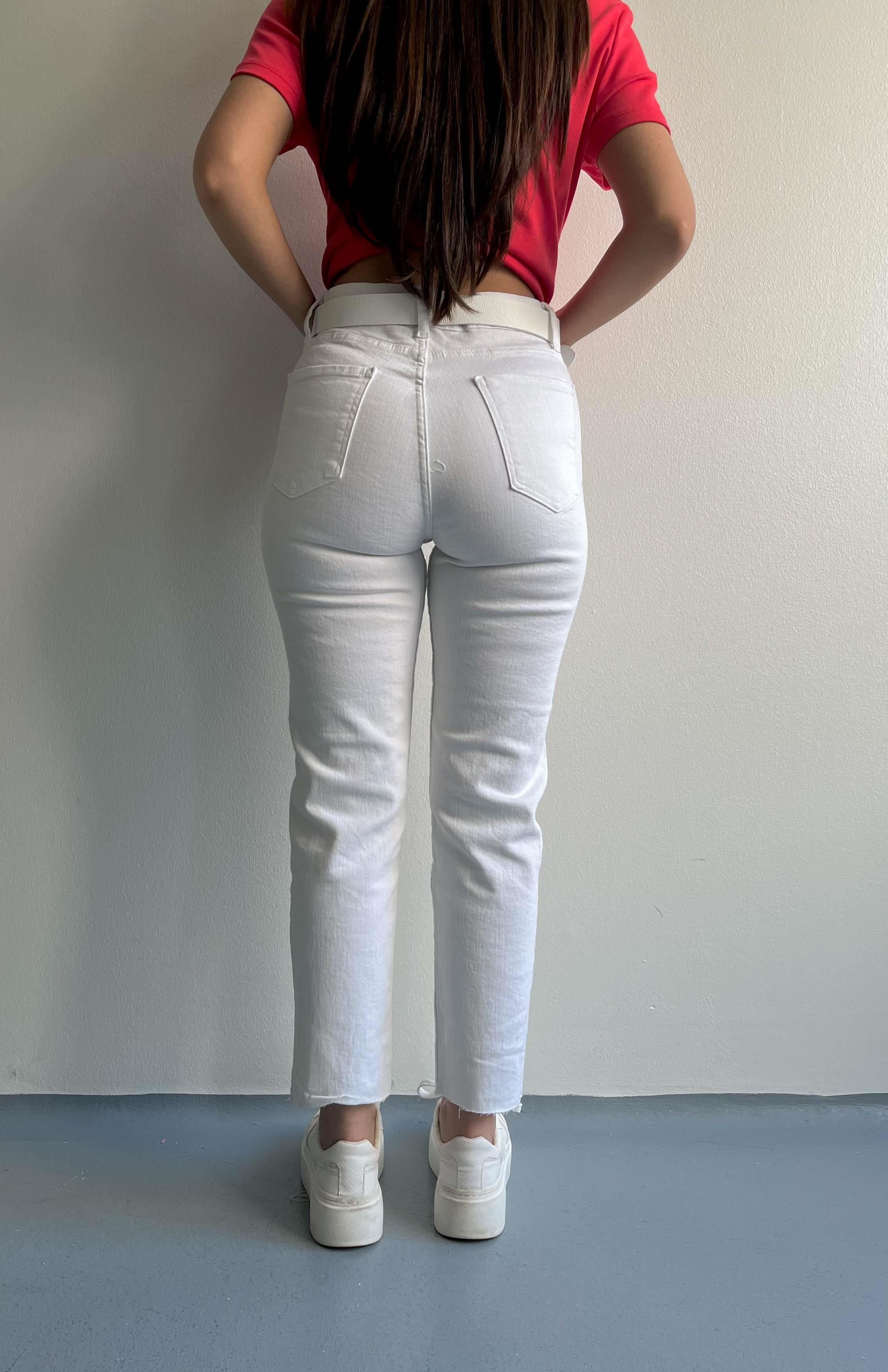 Kemerli Dar Paça Pantolon BEYAZ