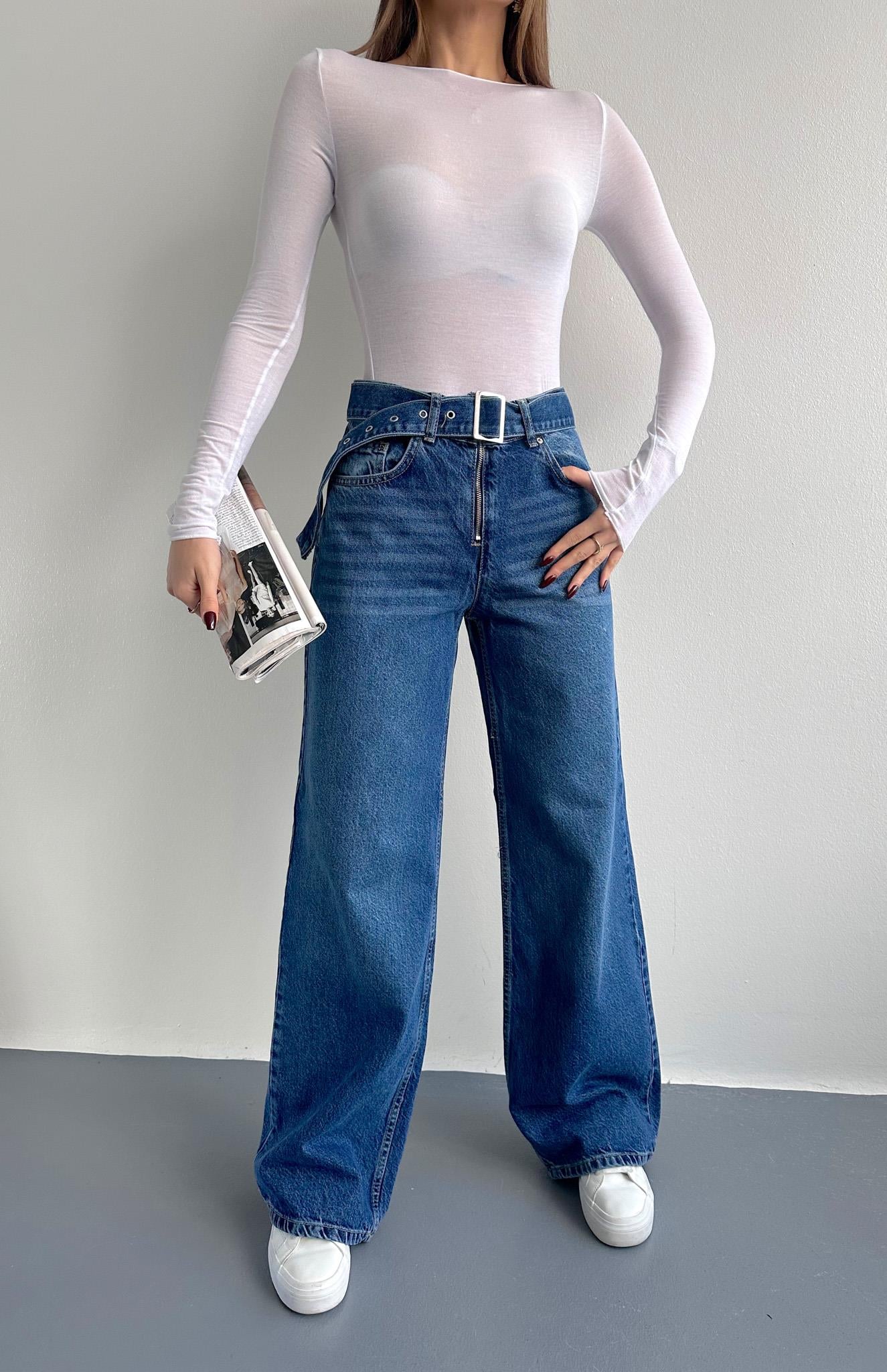 Kemerli Wideleg Pantolon MAVİ