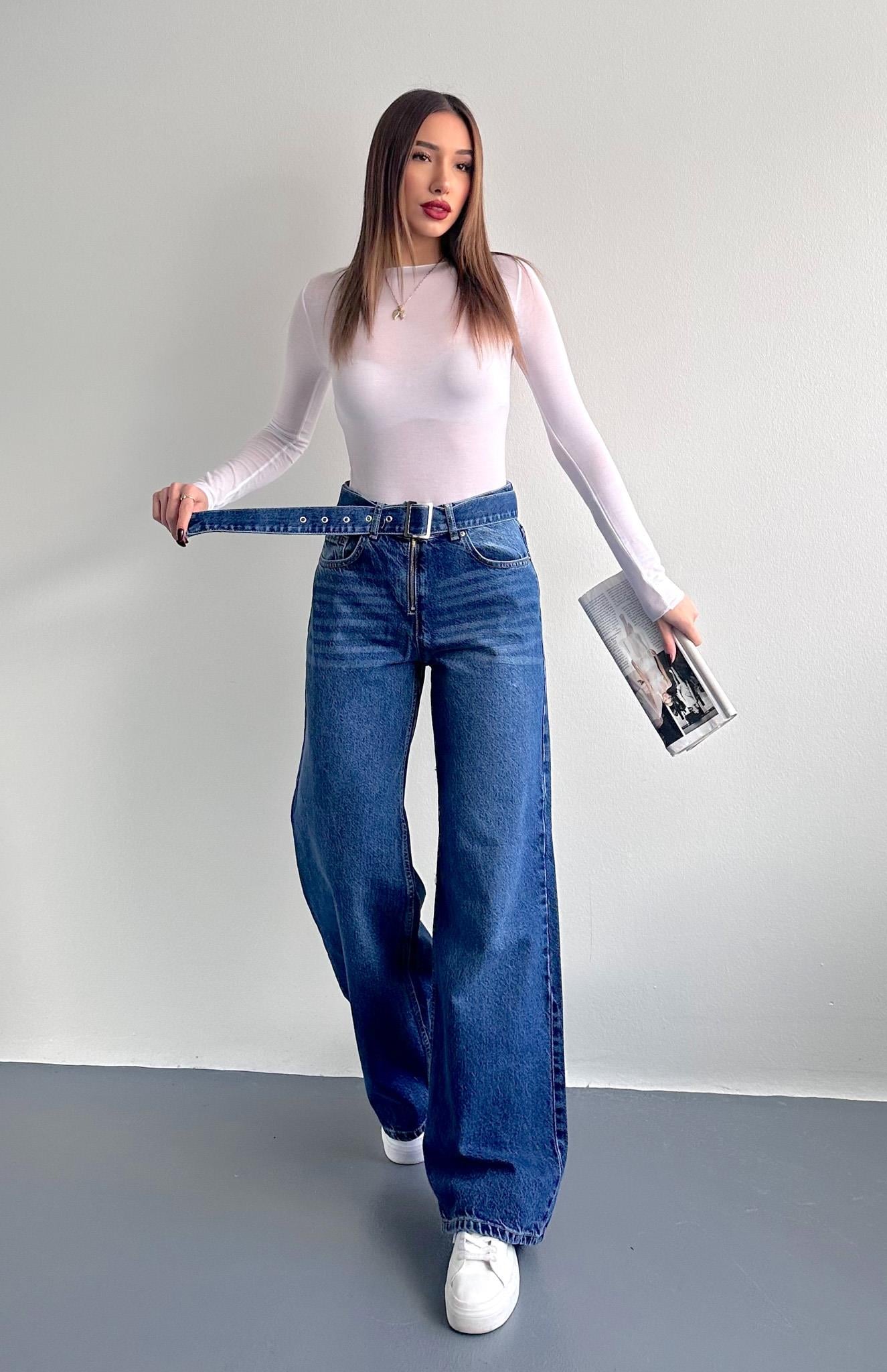 Kemerli Wideleg Pantolon MAVİ