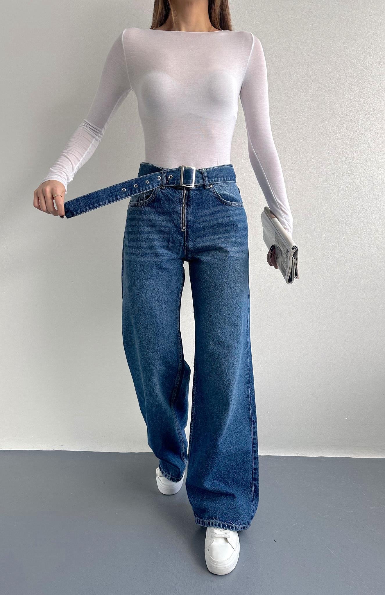 Kemerli Wideleg Pantolon MAVİ