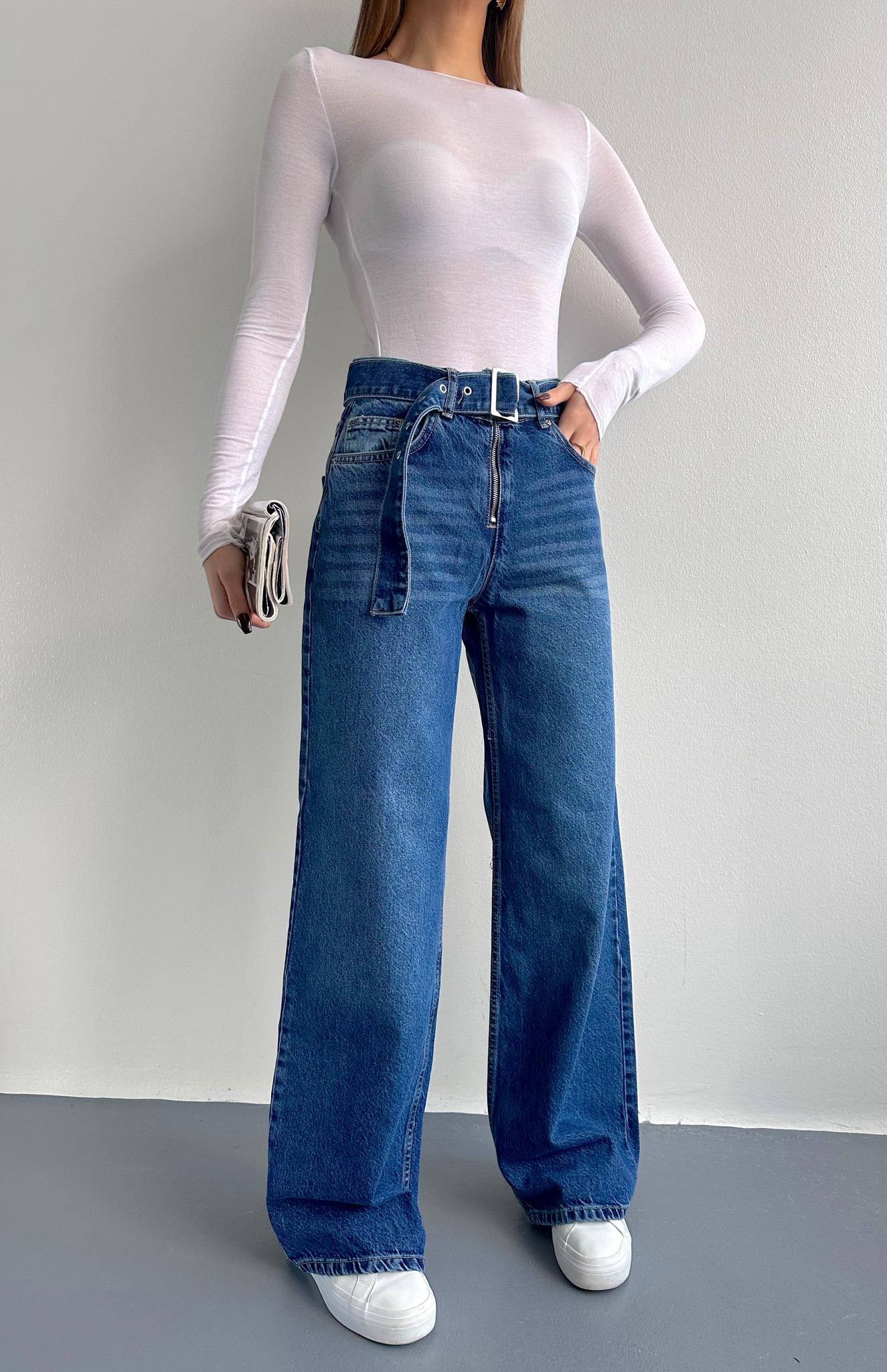 Kemerli Wideleg Pantolon MAVİ