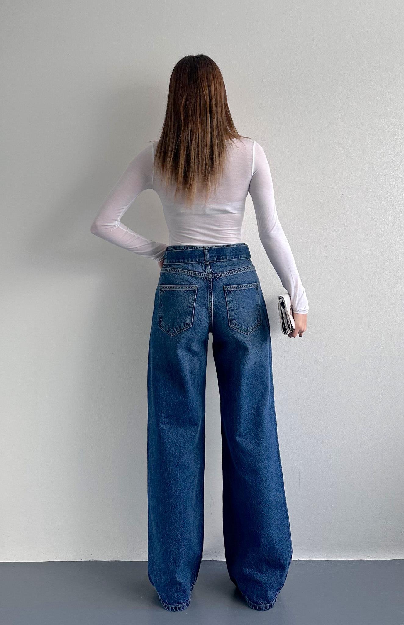 Kemerli Wideleg Pantolon MAVİ