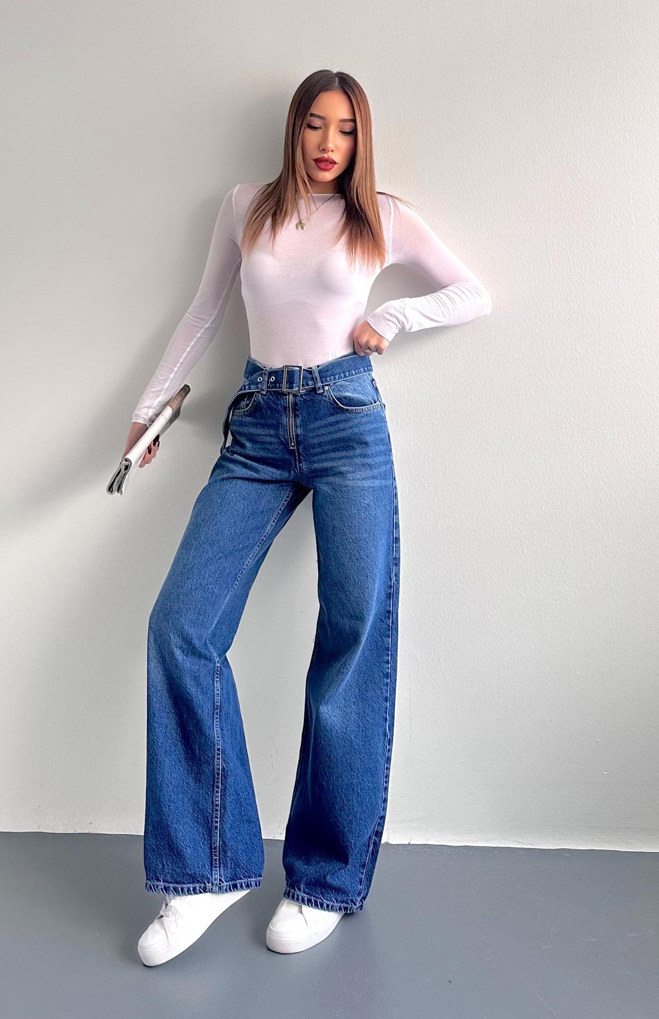 Kemerli Wideleg Pantolon MAVİ