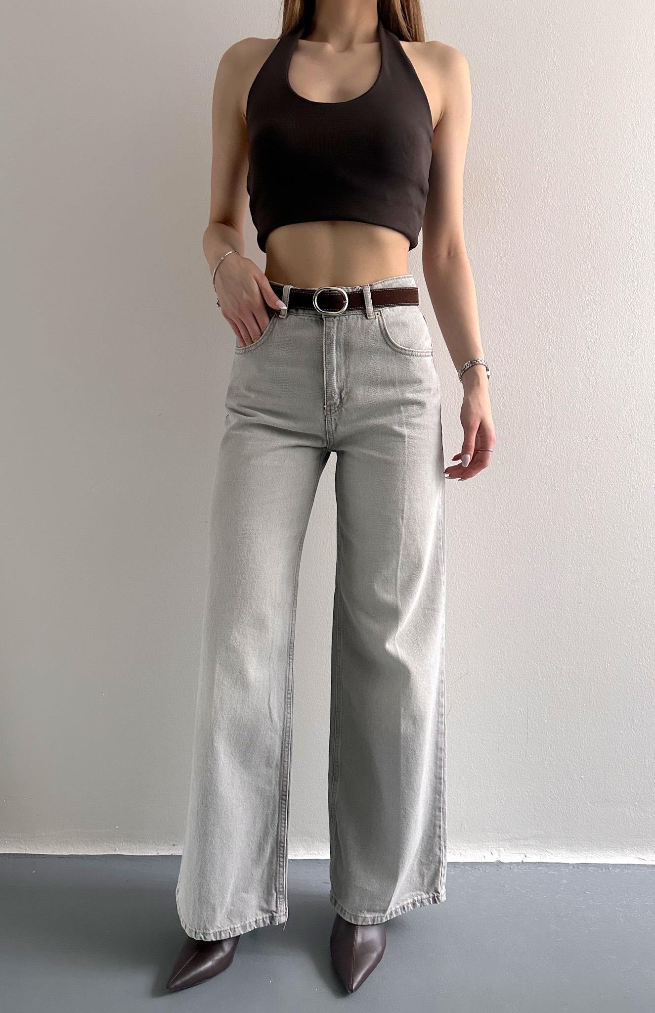 Kemerli Widelog Pantolon GRİ