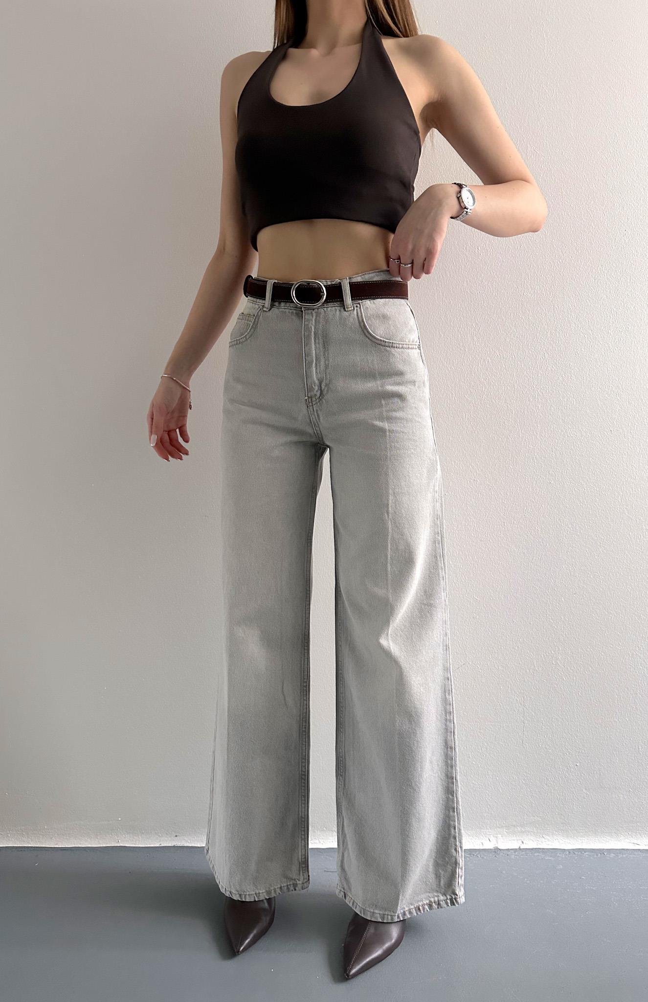 Kemerli Widelog Pantolon GRİ