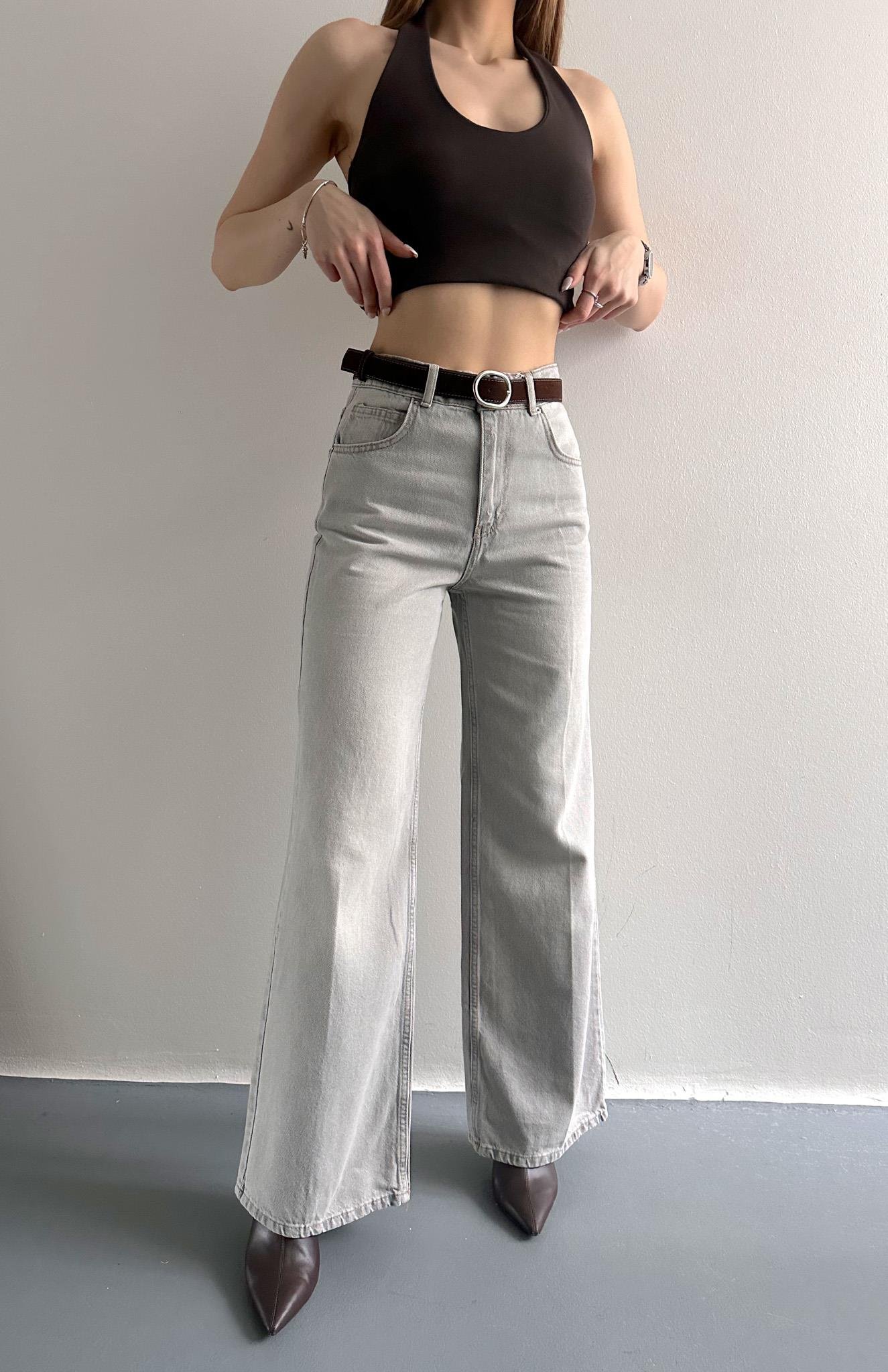 Kemerli Widelog Pantolon GRİ