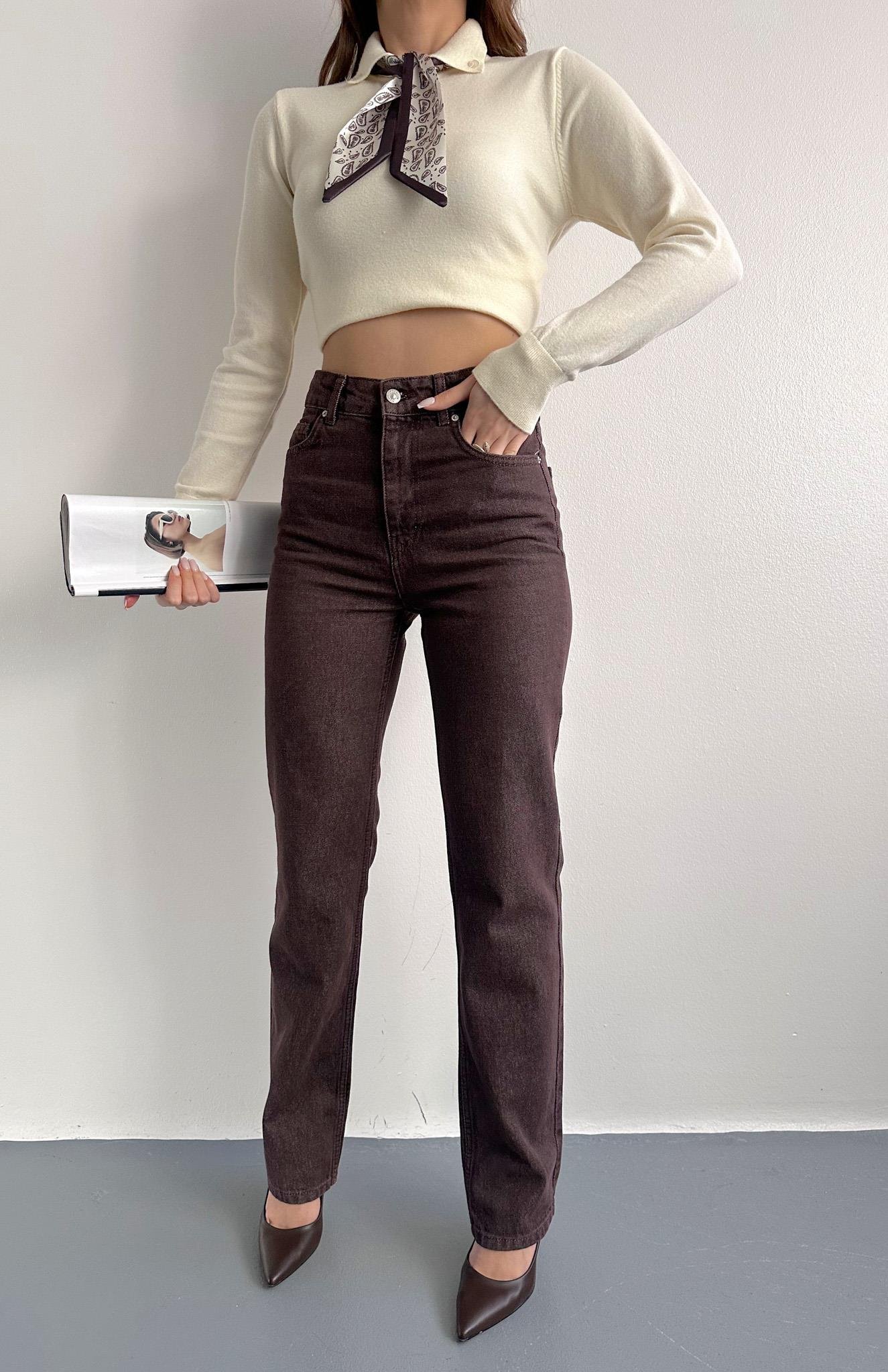 Renkli Denim Stright Pantolon KAHVERENGİ