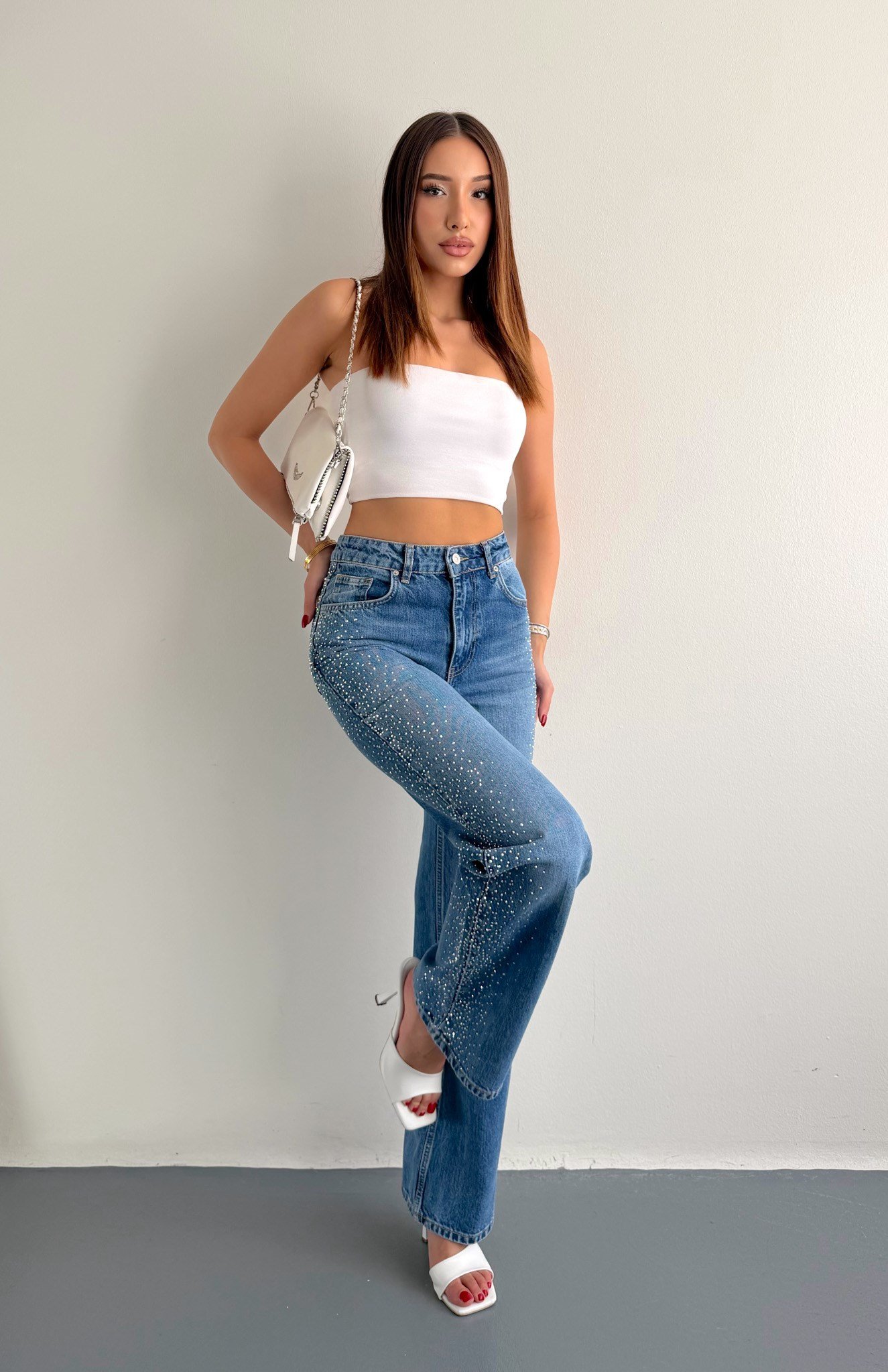 Yanı Taşlı Wideleg Pantolon MAVİ