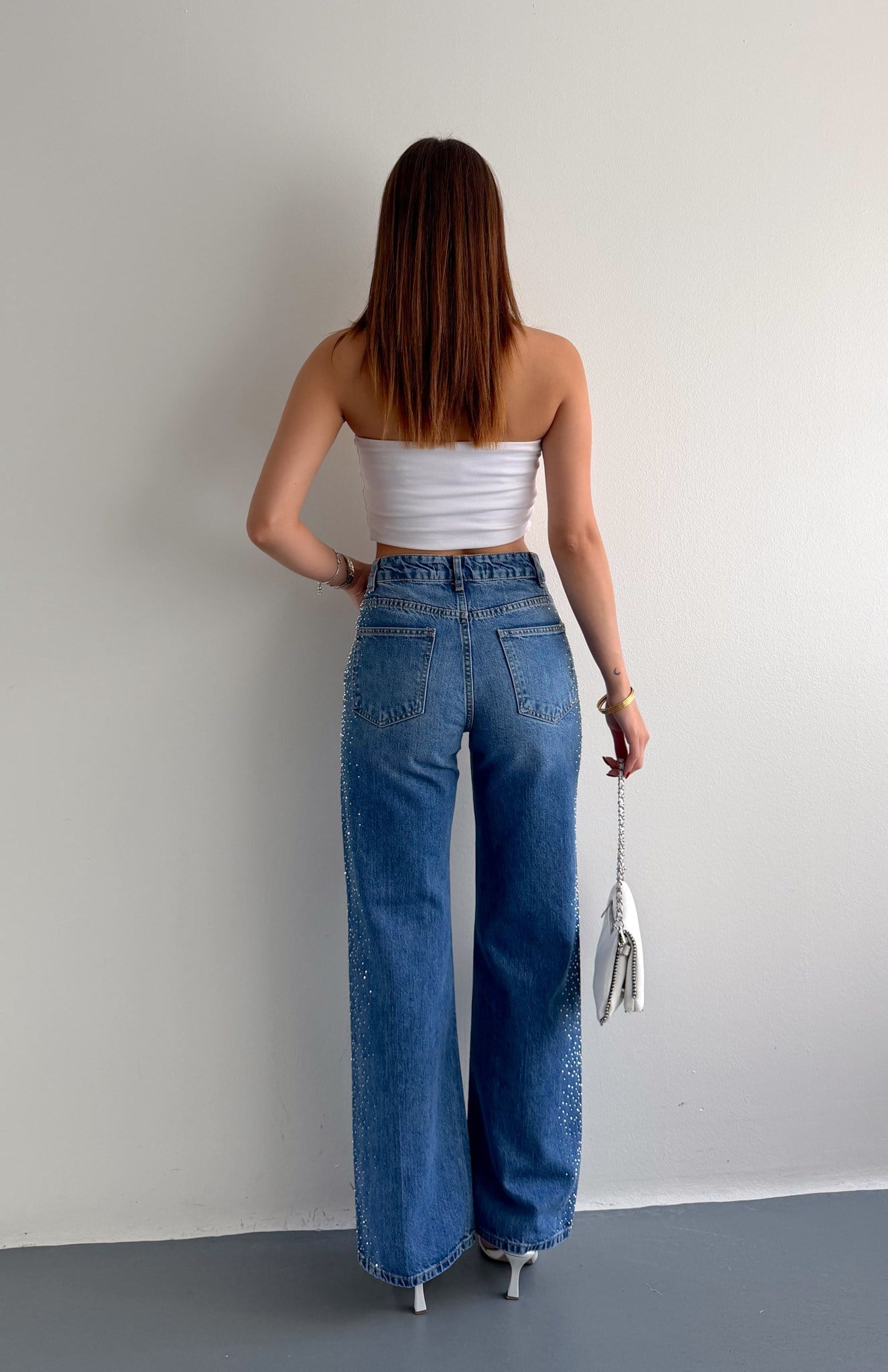 Yanı Taşlı Wideleg Pantolon MAVİ