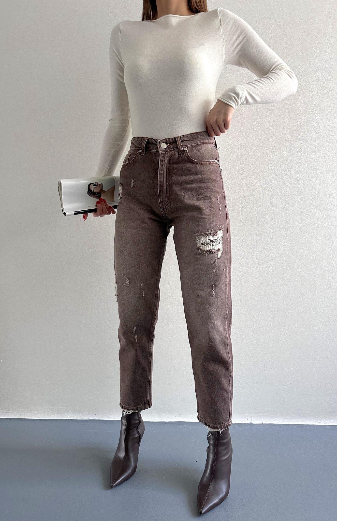 Yırtık Detaylı Denim Pantolon KAHVERENGİ