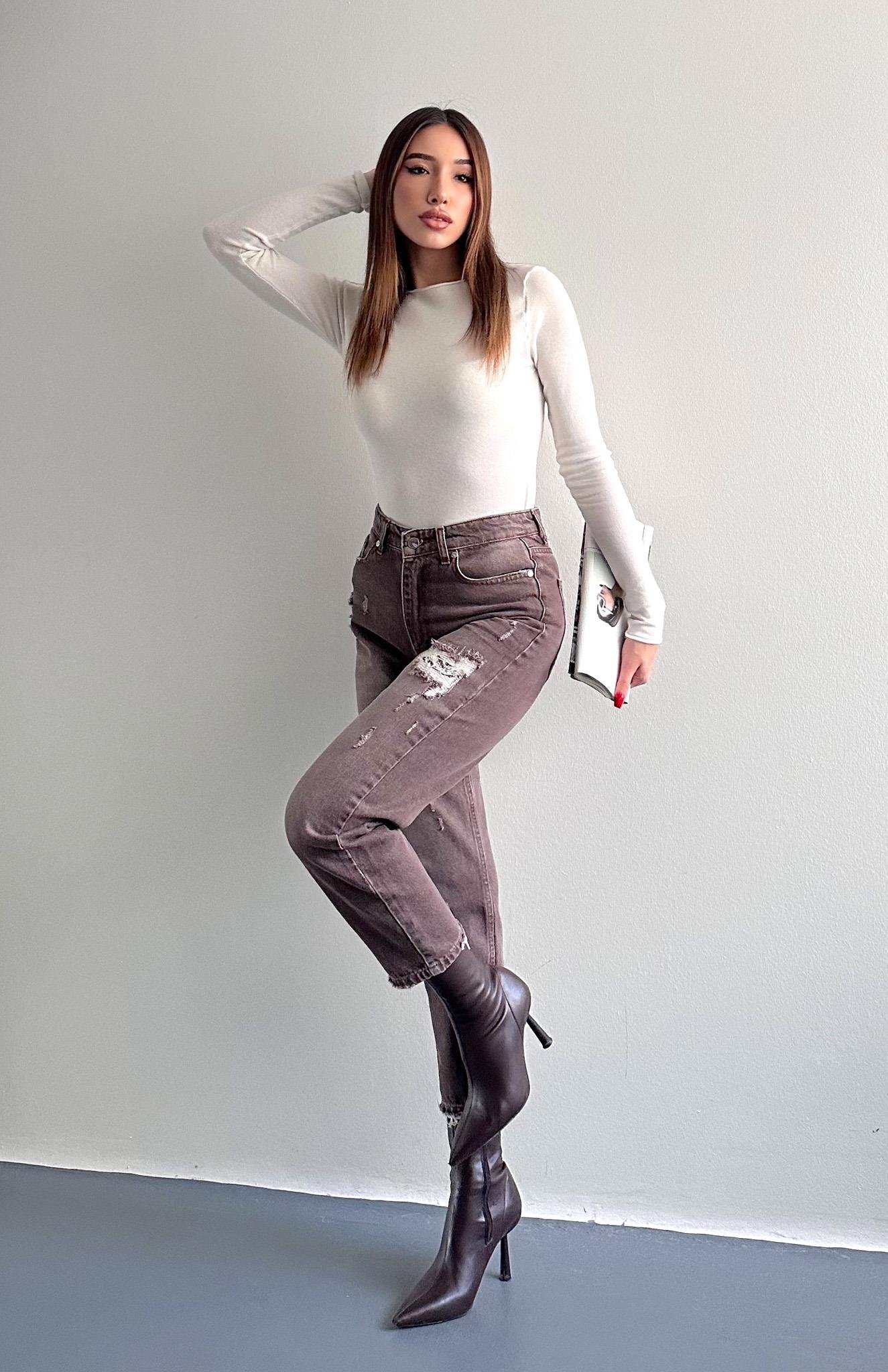 Yırtık Detaylı Denim Pantolon KAHVERENGİ