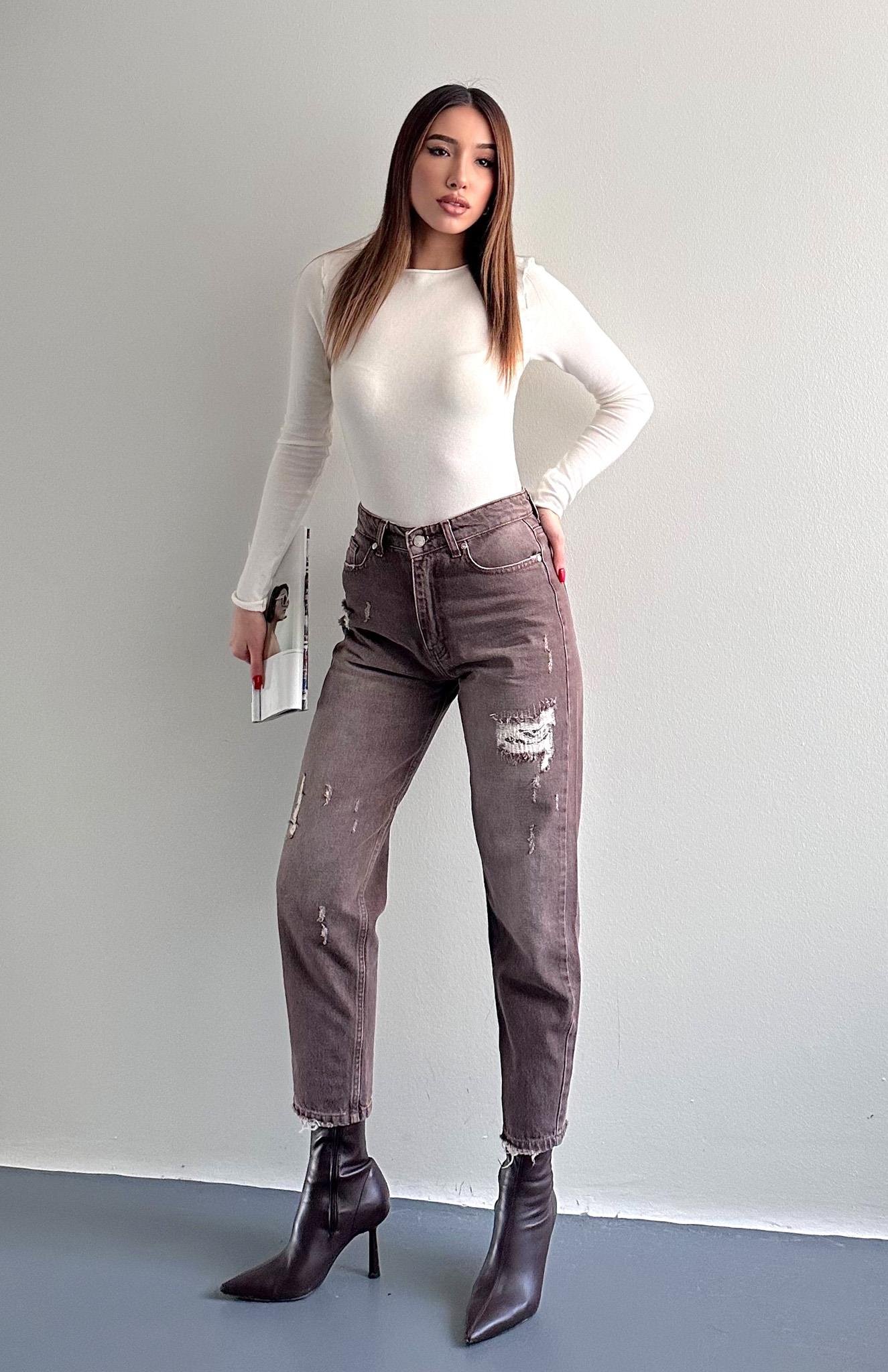 Yırtık Detaylı Denim Pantolon KAHVERENGİ