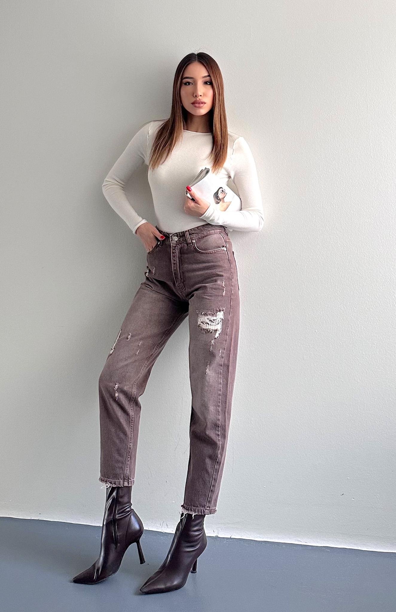 Yırtık Detaylı Denim Pantolon KAHVERENGİ