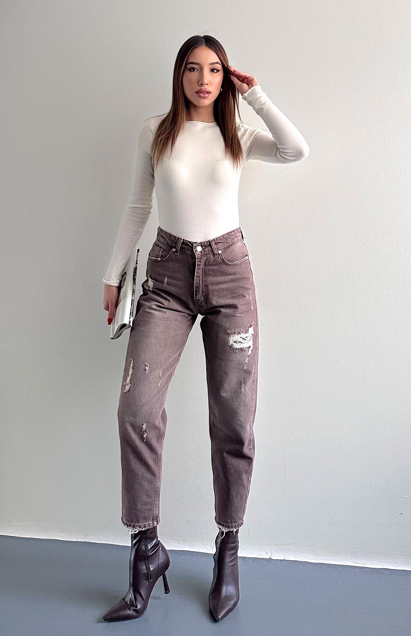 Yırtık Detaylı Denim Pantolon KAHVERENGİ